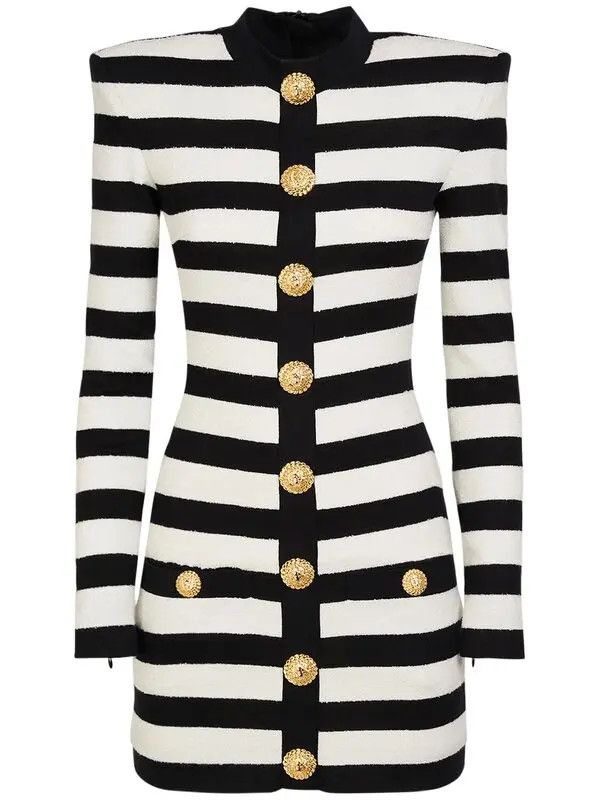 Balmain o1s1wg110725 Striped Cotton Blend Mini Dress in Black/White Size M / US 6-8 / IT 42-44 - 1 Thumbnail