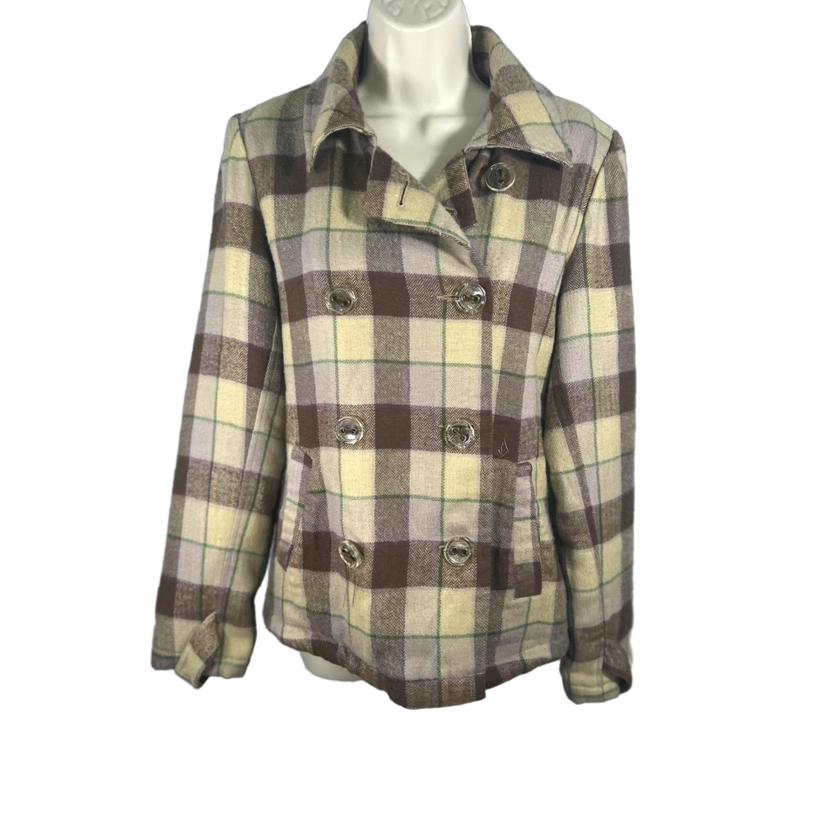 Volcom Peacoat Wool Blend Lined Plaid St. Martins Green/Brown/Purple Button closure Short Length M Women's Coat/Jacket