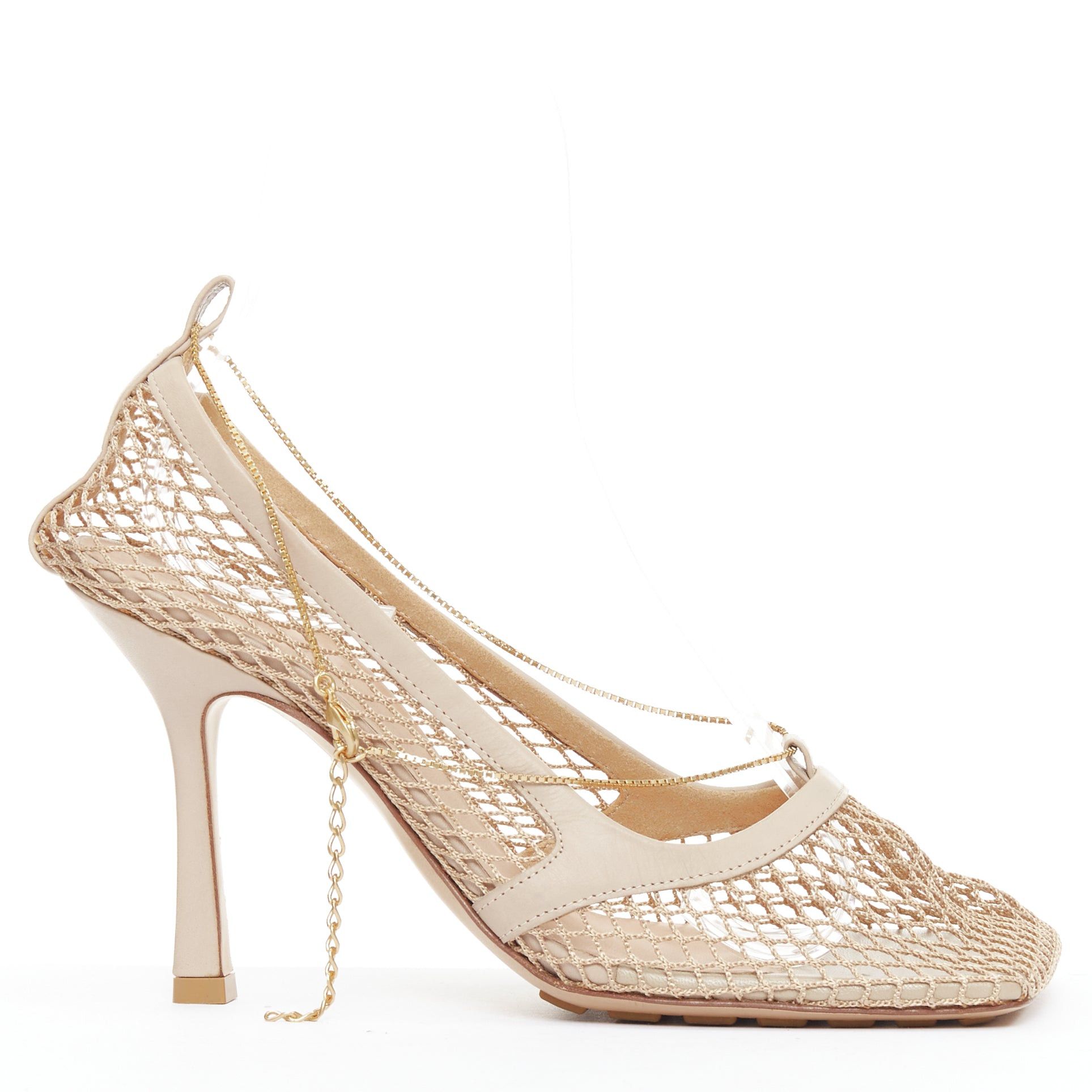 Bottega Veneta Stretch Nude Leather Fishnet Square Toe Chain Heel Shoes Eu37 in Beige, Women's