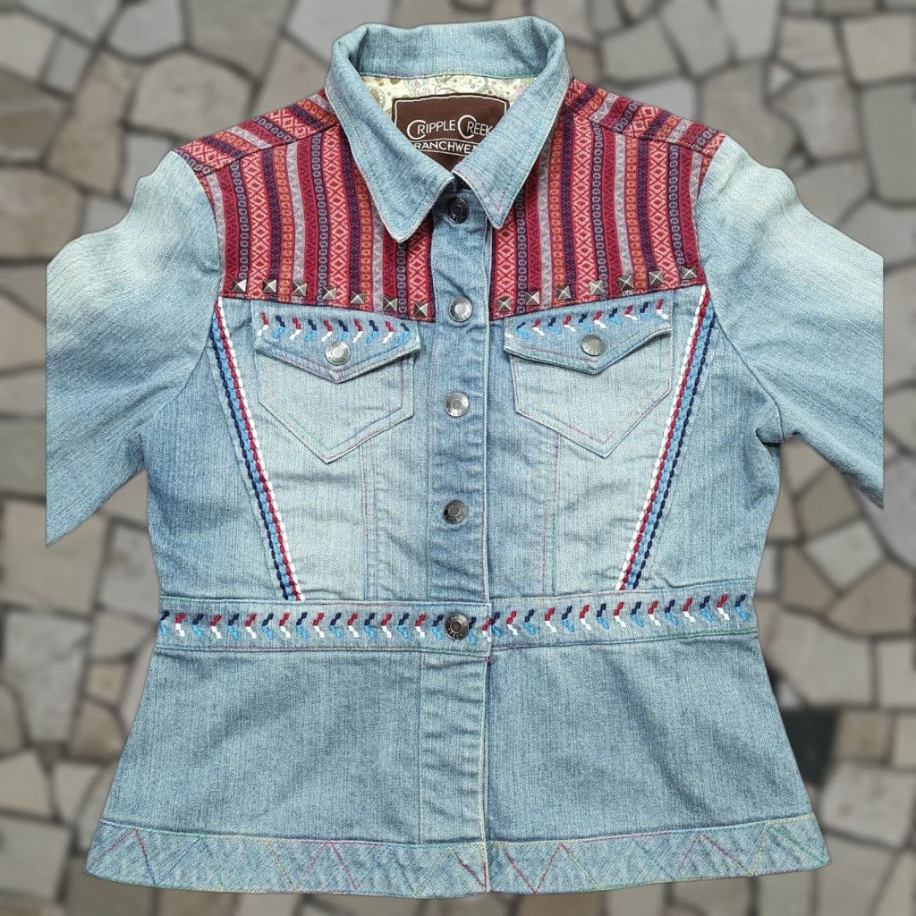 Denime Cripple Creek Ranchwear Denim Jacket Women Small Embroidered Aztec Western Rodeo Size S / US 4 / IT 40 - 1 Thumbnail
