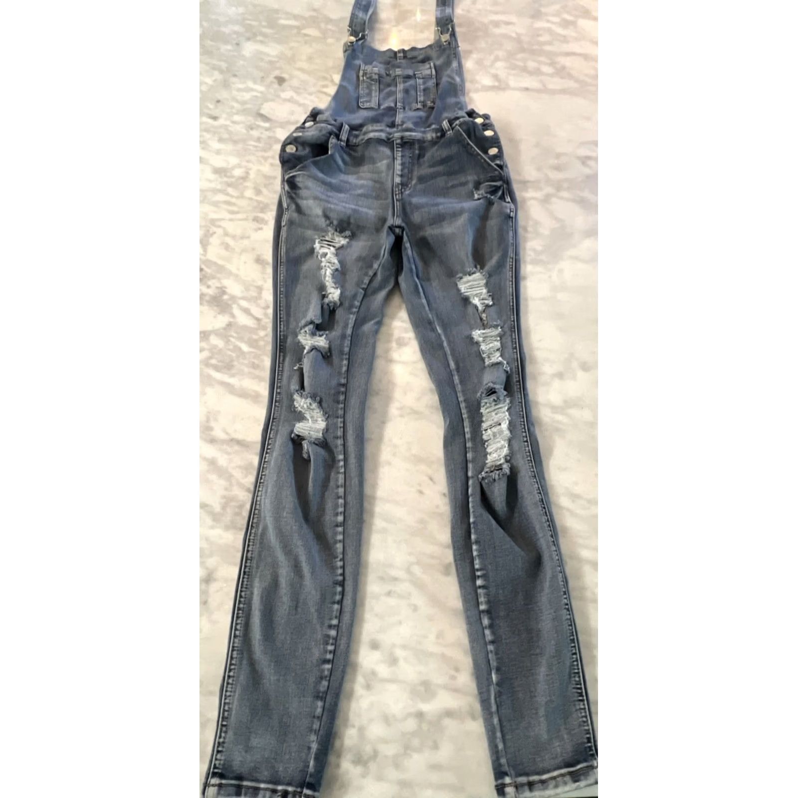 Denime Judy Blue Distressed Denim Overalls Womens M Whiskers Blue Skinny Thrashed Size 32" / US 10 / IT 46 - 2 Thumbnail