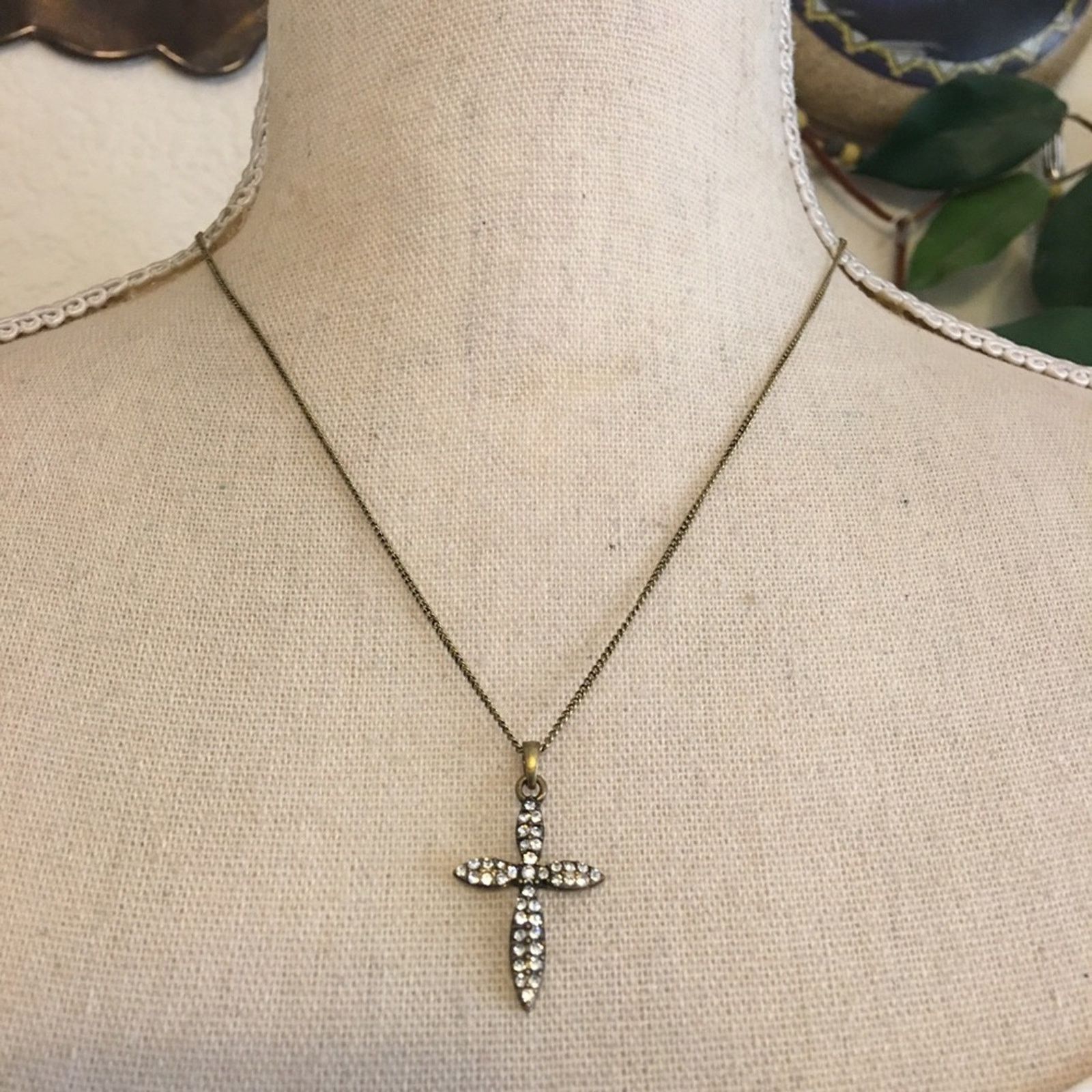 Jewelry Brass tone rhinestone cross on chain necklace Size ONE SIZE - 1 Thumbnail