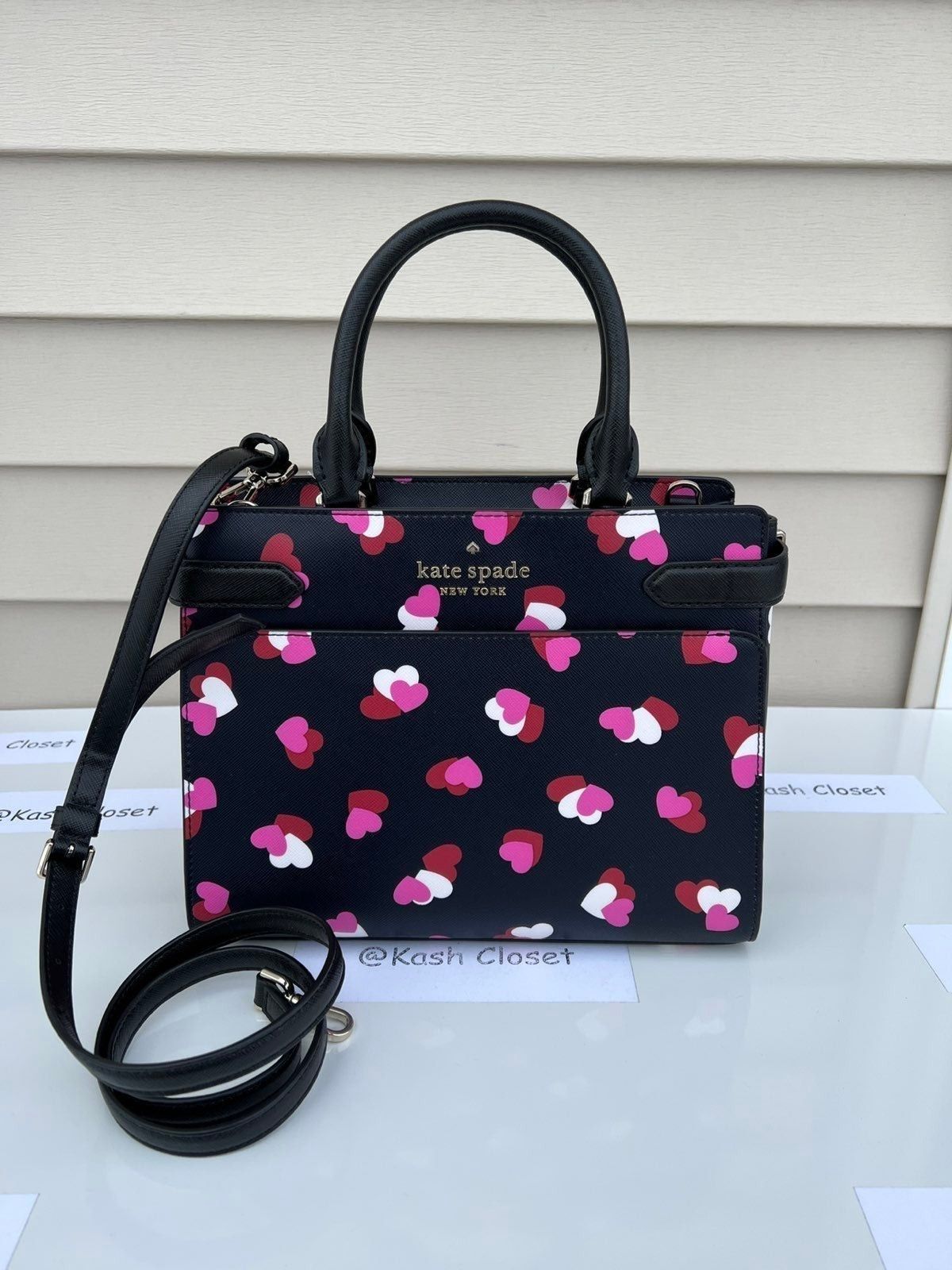 Kate Spade Satchel Medium Staci Heart Print Purse Black Mul