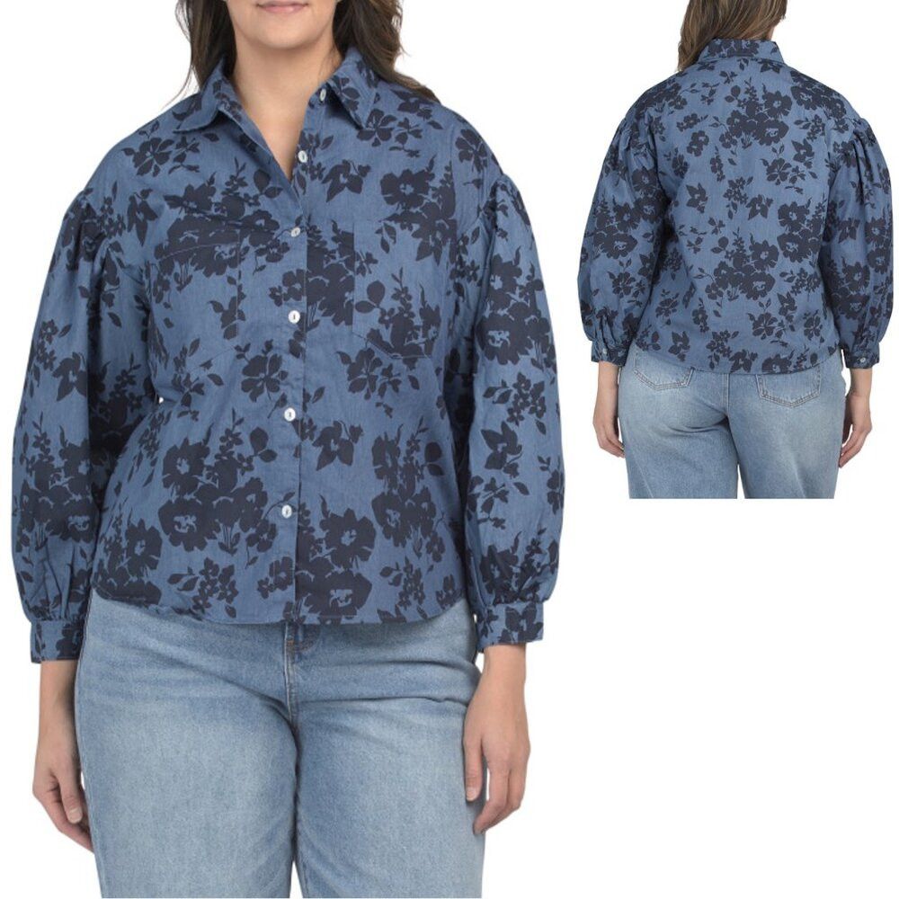 Other NWT New KAKTUS Floral Denim Button Front 3/4 Puff Sleeve Sh Size XXL / US 16-18 / IT 52-54 - 2 Thumbnail