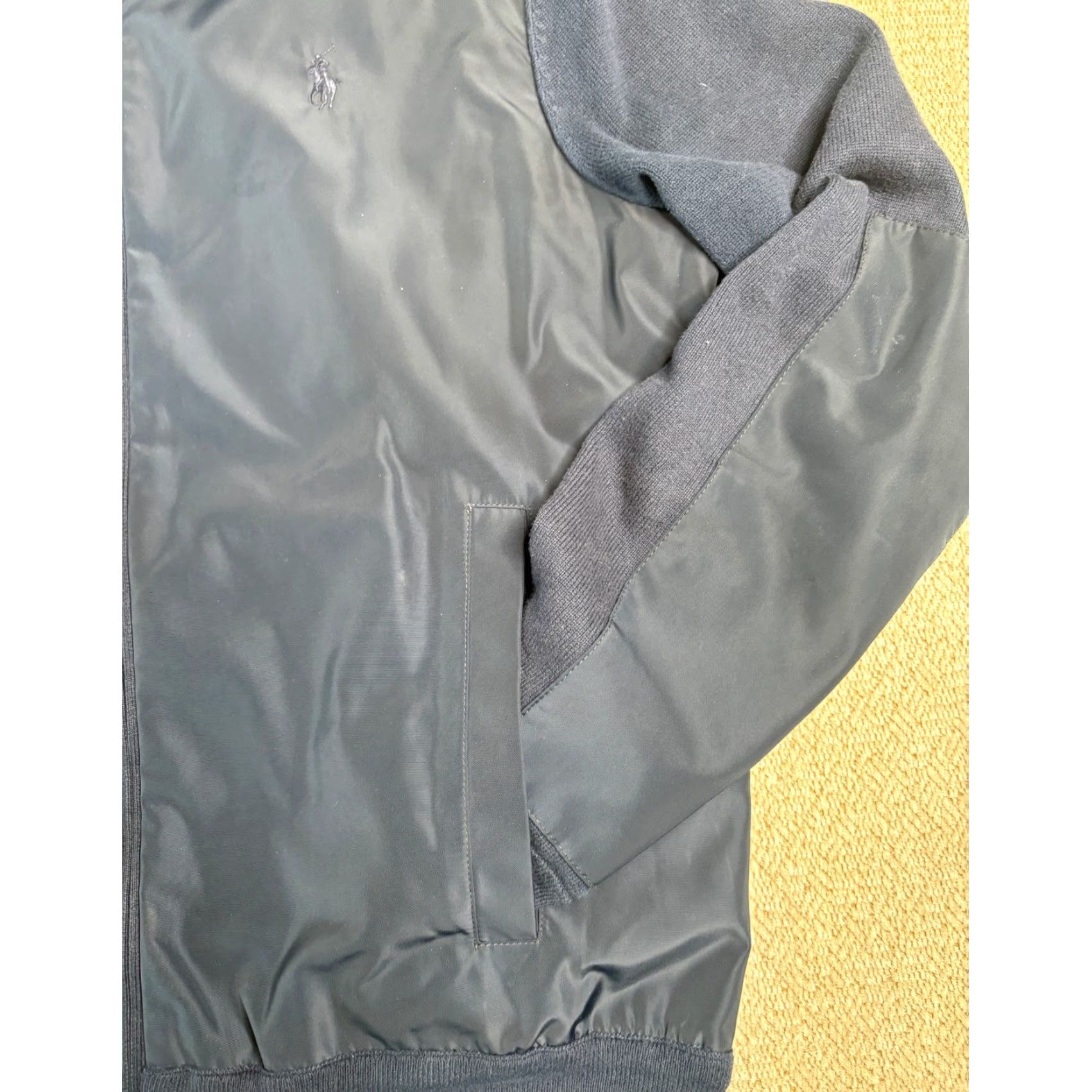 Polo Ralph Lauren Bomber Jacket Mens Knit Sleeve Full Zip Blue Knit Long Sleeve Jacket Casual Travel