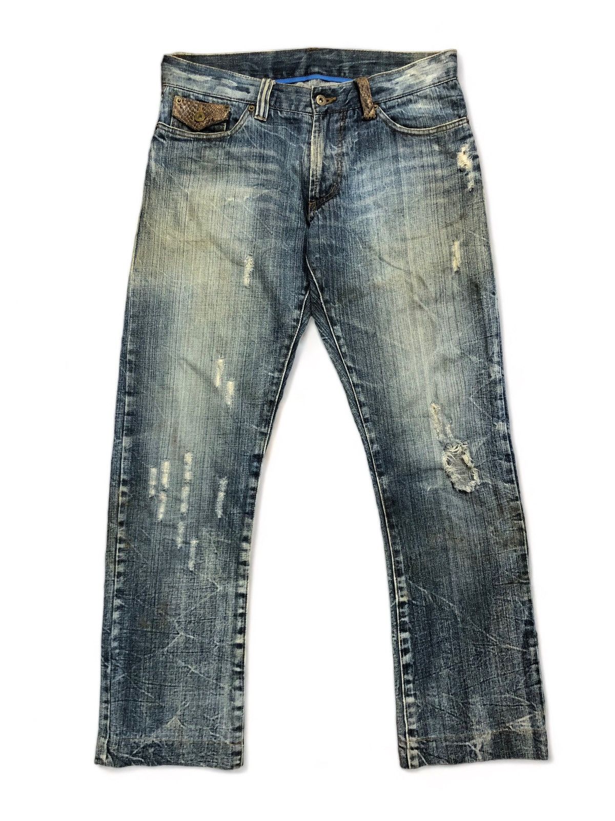 image of Japanese Design “Snake Skin” Distressed Jeans Size 35X31.5 in Blue, Men's