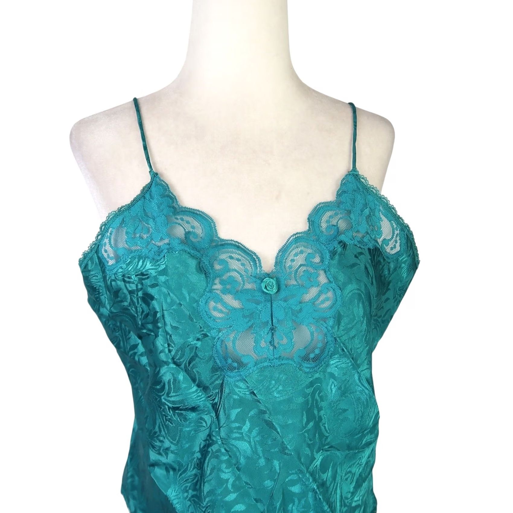 Vintage VINTAGE 80s Deena Camisole Tank Top Green Floral Satin Lace Trim L Womens Size L / US 10 / IT 46 - 2 Thumbnail