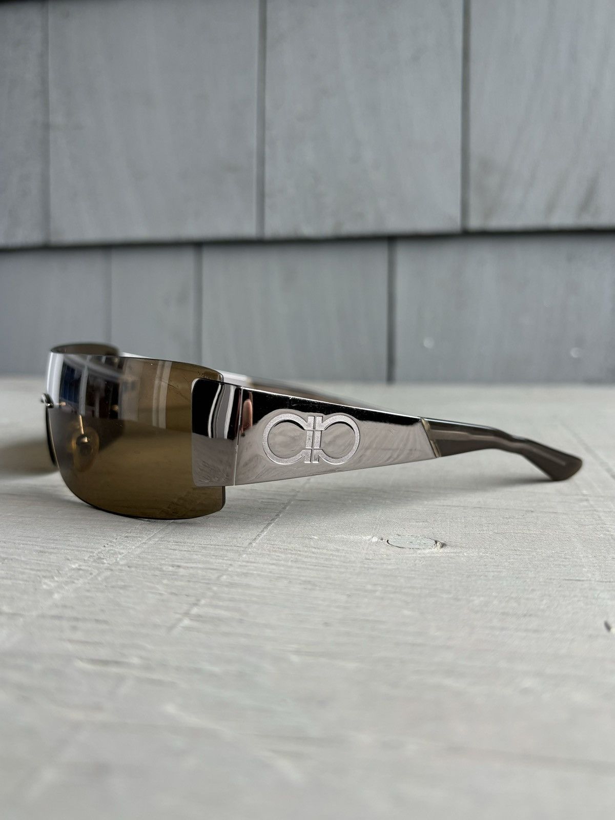 Designer × Salvatore Ferragamo × Vintage 2000s Ferragamo Sunglasses Y2K Rimless Shield Metal 1029 00s Size ONE SIZE - 8 Thumbnail