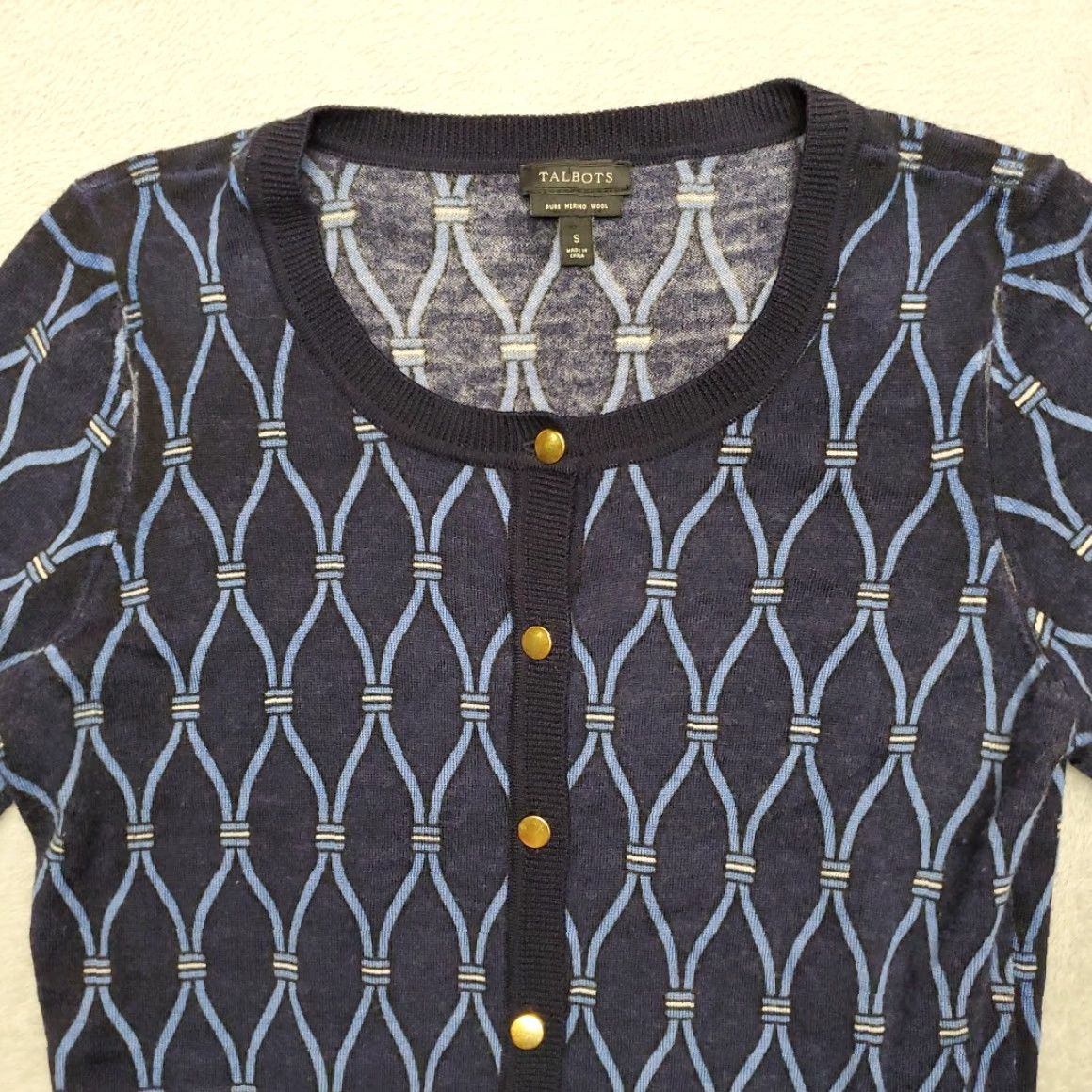 Talbots VINTAGE Talbots Sweater Cardigan Womens Small Blue 100% Merino Wool Button Geometric Knit Casual Womens Size S / US 4 / IT 40 - 2 Thumbnail