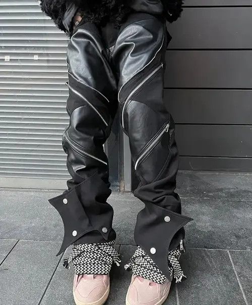 Jean Long Black Patchwork Pu Leather Pants Size US 34 / EU 50 - 2 Thumbnail