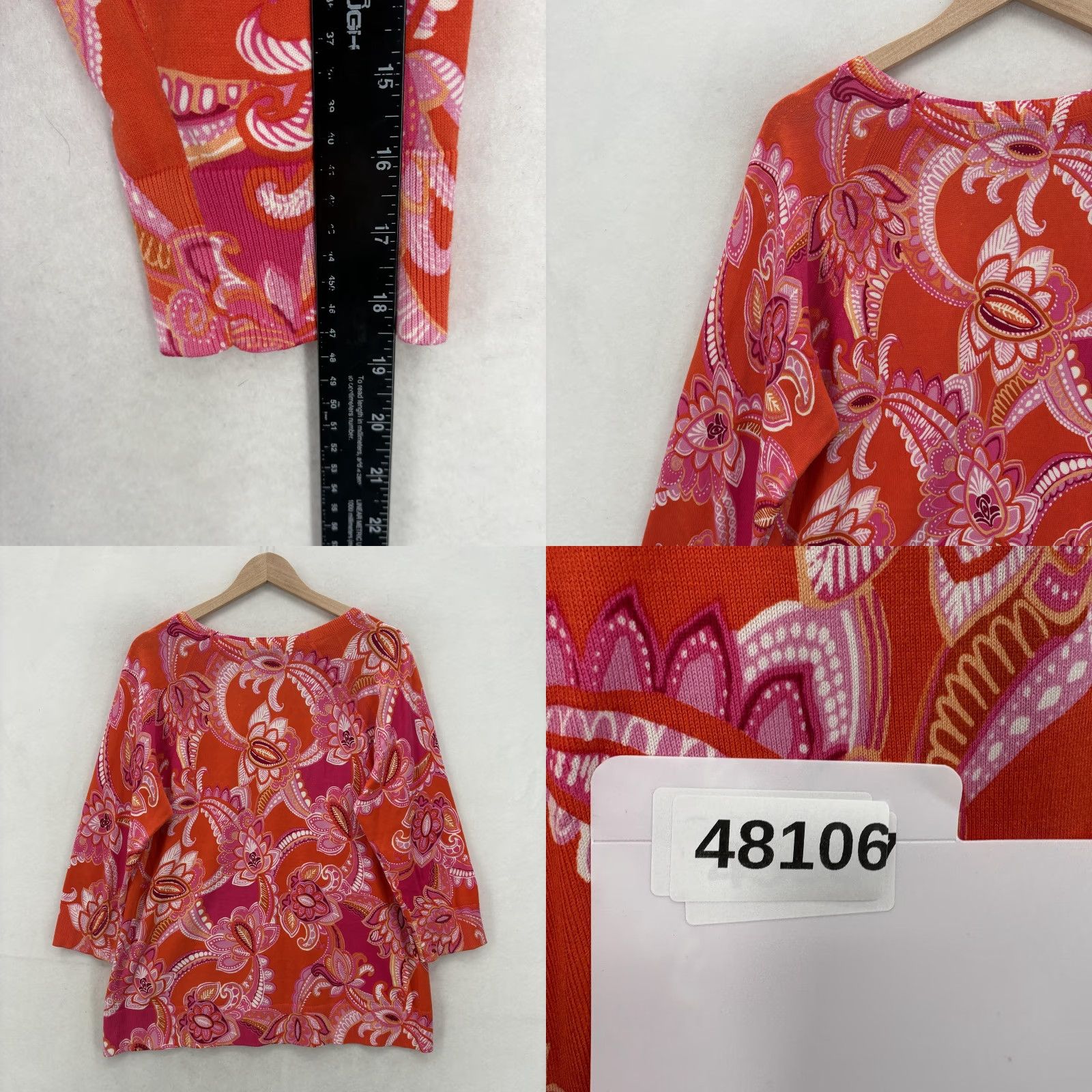 Talbots Talbots Sweater Womens L Orange Paisley V Neck 3/4 Sleeve Knit Pullover Preppy Size L / US 10 / IT 46 - 8 Thumbnail