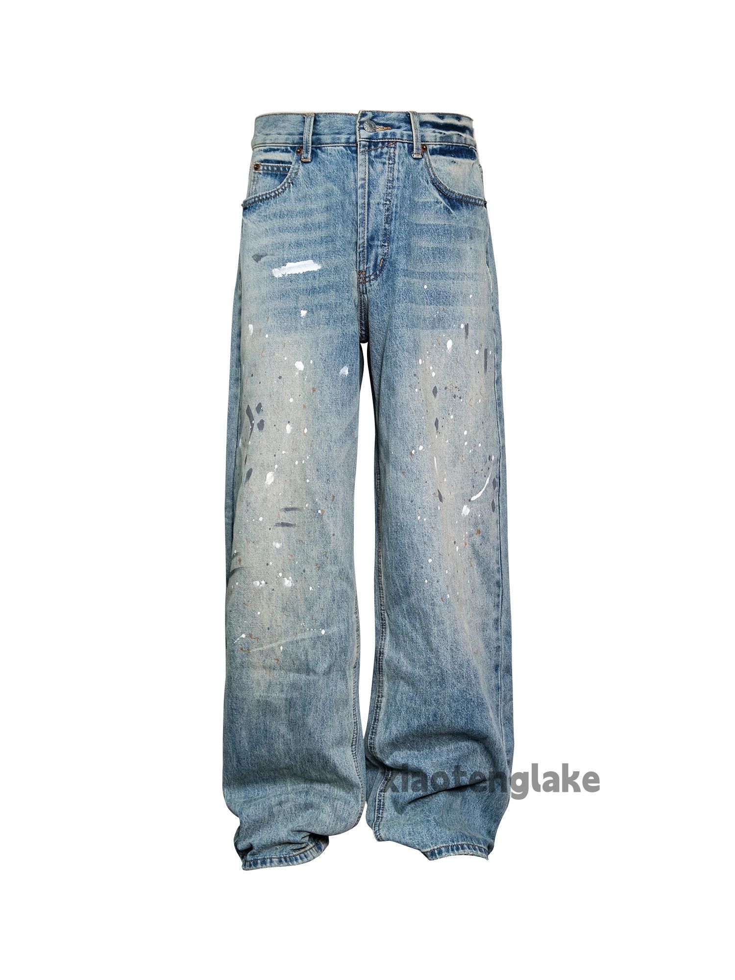 Jean Unisex washed retro faded loose baggy stain paint jeans Size 32" / US 10 / IT 46 - 4 Thumbnail