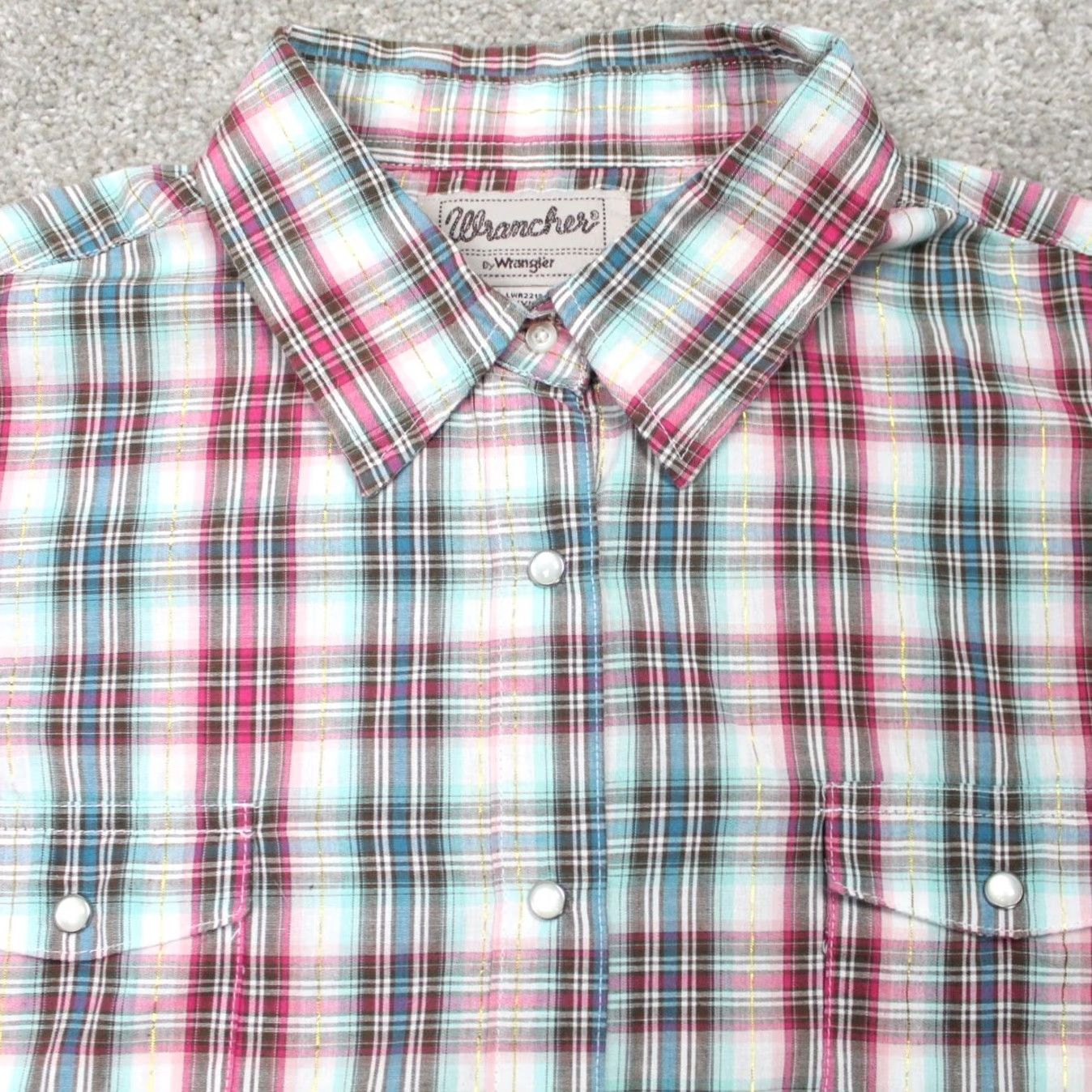 Wrangler Wrangler Wrancher Pearl Snap Shirt Mens 2XL Pink/Blue w/Gold Metallic Strip Size US XXL / EU 58 / 5 - 7 Thumbnail