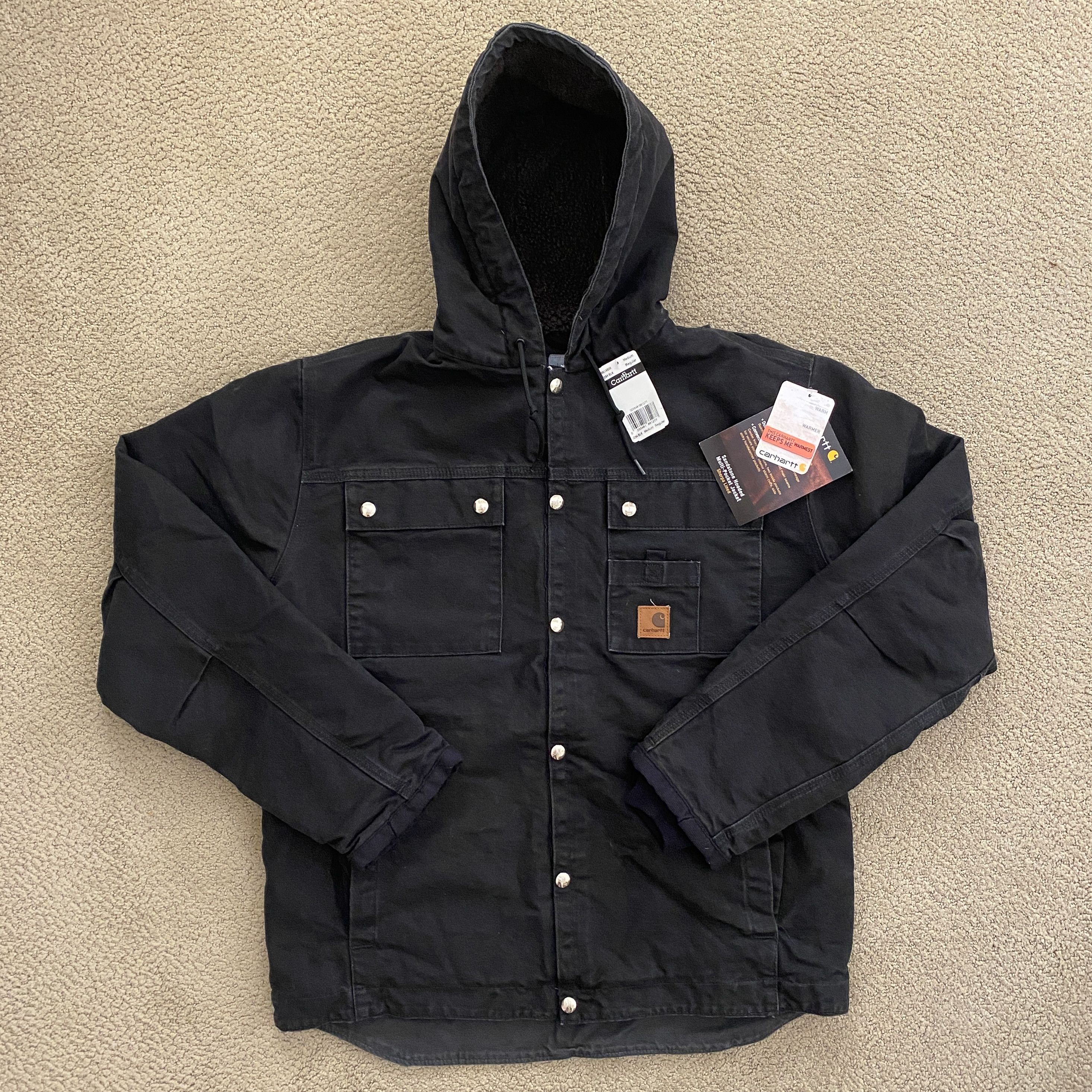 image of NWT Carhartt J284 Sandstone Multi-Pocket Jacket Sherpa-Lined in Black, Men's (Size Medium)
