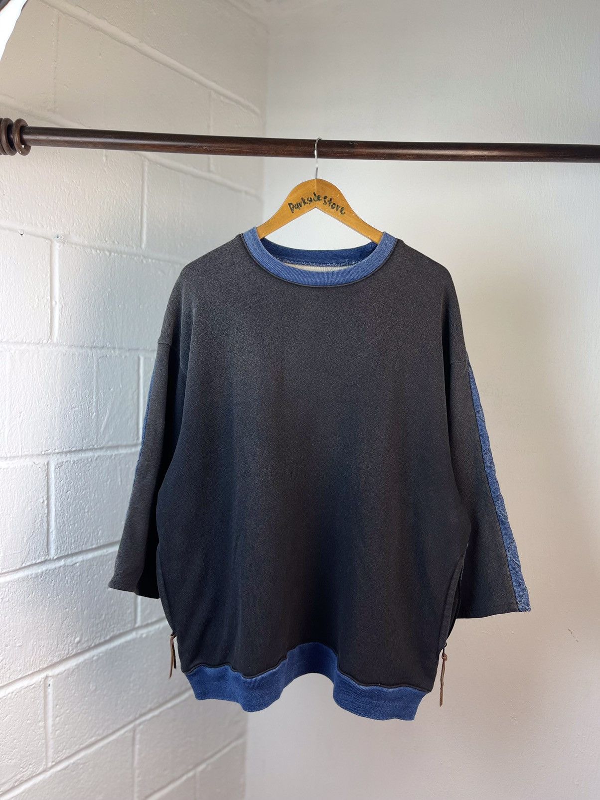 image of Kapital Fleece Knit X Denim Quilting Big Sweater in Black/Blue, Men's (Size XL)