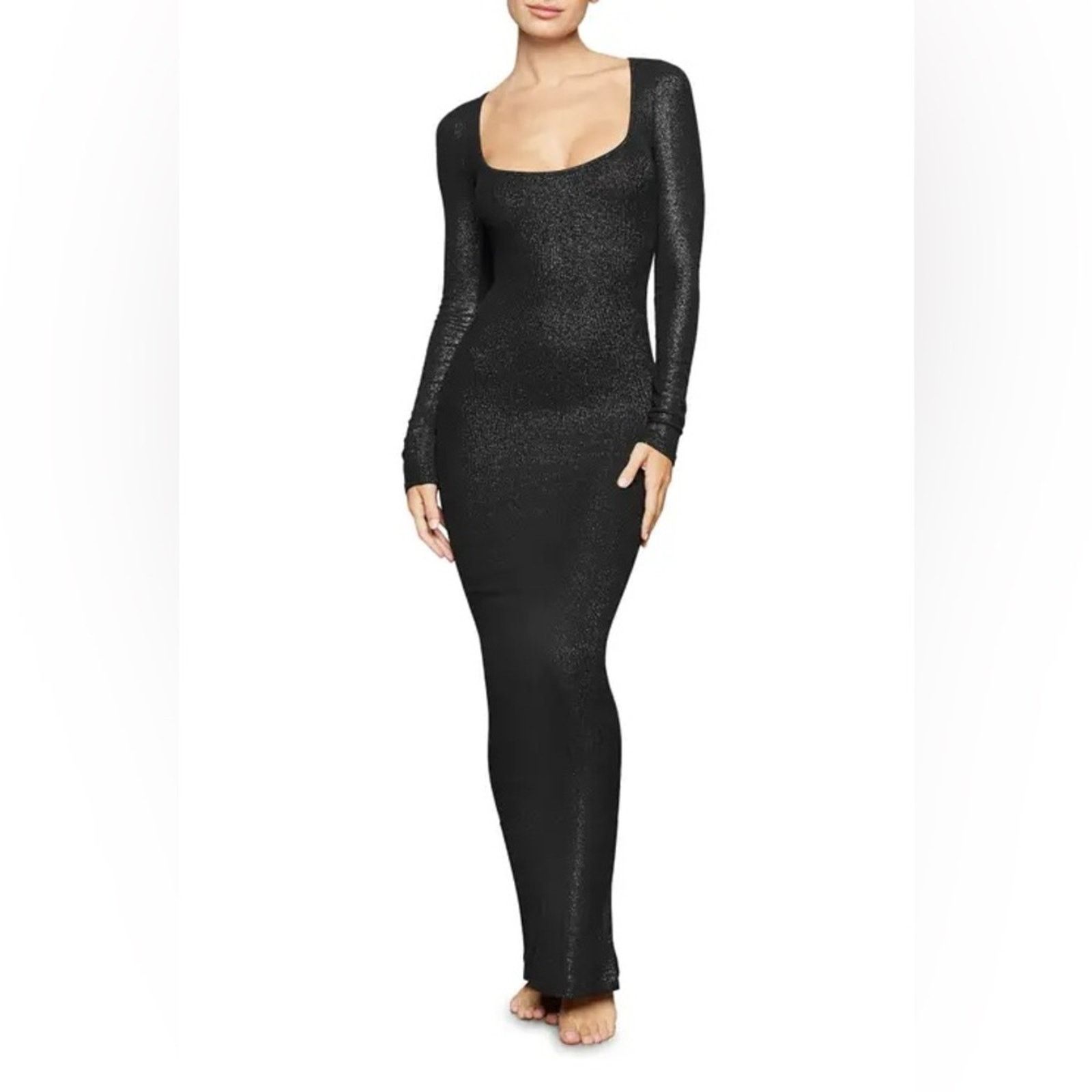 SKIMS SKIMS Lounge Ribbed Long Sleeve Maxi Dress Onyx Foil NWT Size S / US 4 / IT 40 - 2 Thumbnail