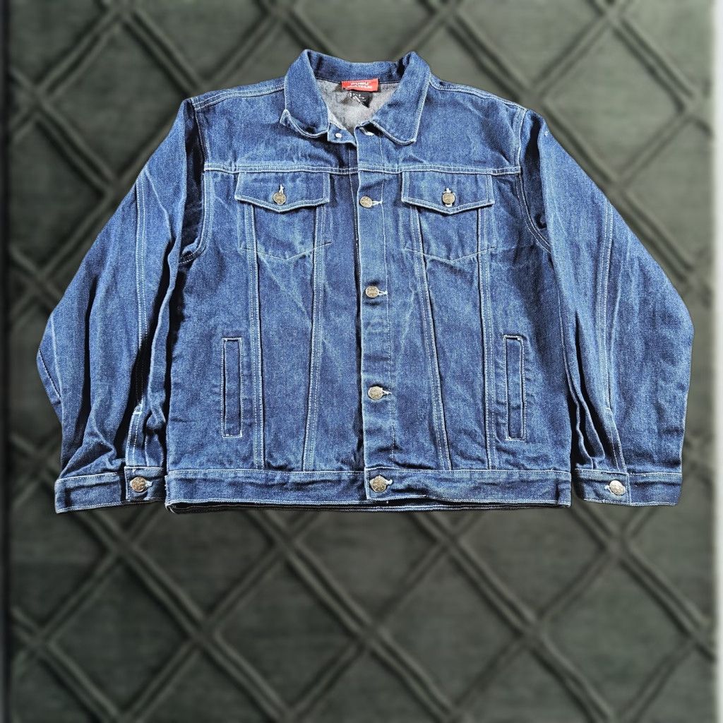 Fubu FUBU Platinum Denim Jean Jacket Mens L Blue Hip Hop Embroidered Back Graphic Bomber Jacket Size US 33 - 1 Thumbnail