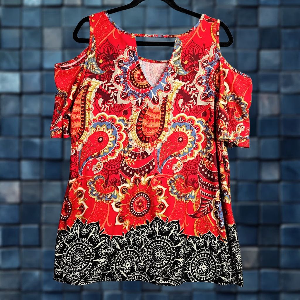 Vintage Allison Taylor Womens Blouse 1X Red Paisley Floral Print Short Sleeve Round Neck Knit Polyester Spandex All Seasons Casual Size XL / US 12-14 / IT 48-50 - 1 Thumbnail