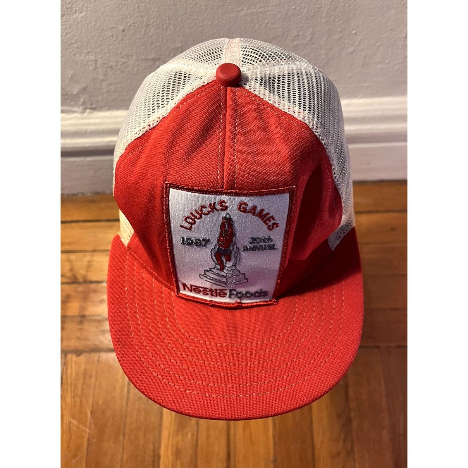 Vintage VINTAGE Nestle Loucks Games 1987 Trucker Hat Men’s Red 80s Baseball Adjustable Snapback Hat Size ONE SIZE - 3 Thumbnail