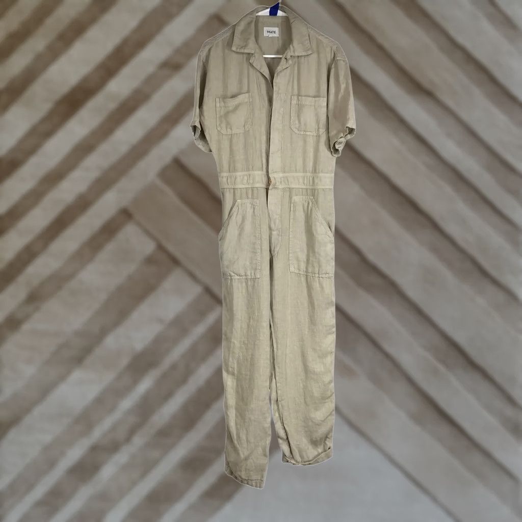 Vintage MATE The Linen Utility Jumpsuit Short Sleeve Button Front Beige XS Size 26" / US 2 / IT 38 - 1 Thumbnail