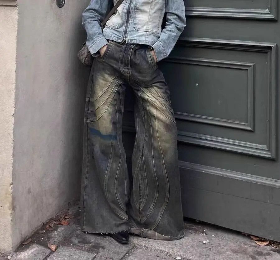 image of Heavy-Duty Washed Distressed Faded Micro-Flare Jeans in Camel Color, Men's (Size 32)