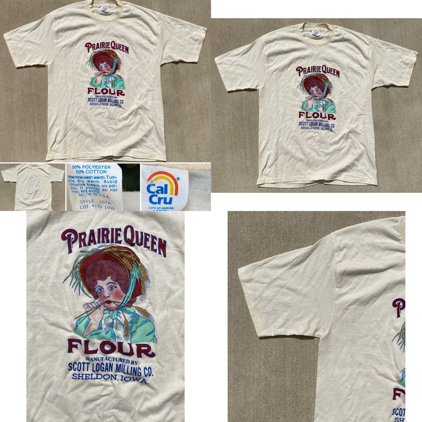 Vintage Vintage Cal Cru Prairie Queen Flour Sheldon Iowa T Shirt Single Stitch L Ivory Polyester Blend Men Short Sleeve Size US L / EU 52-54 / 3 - 9 Thumbnail