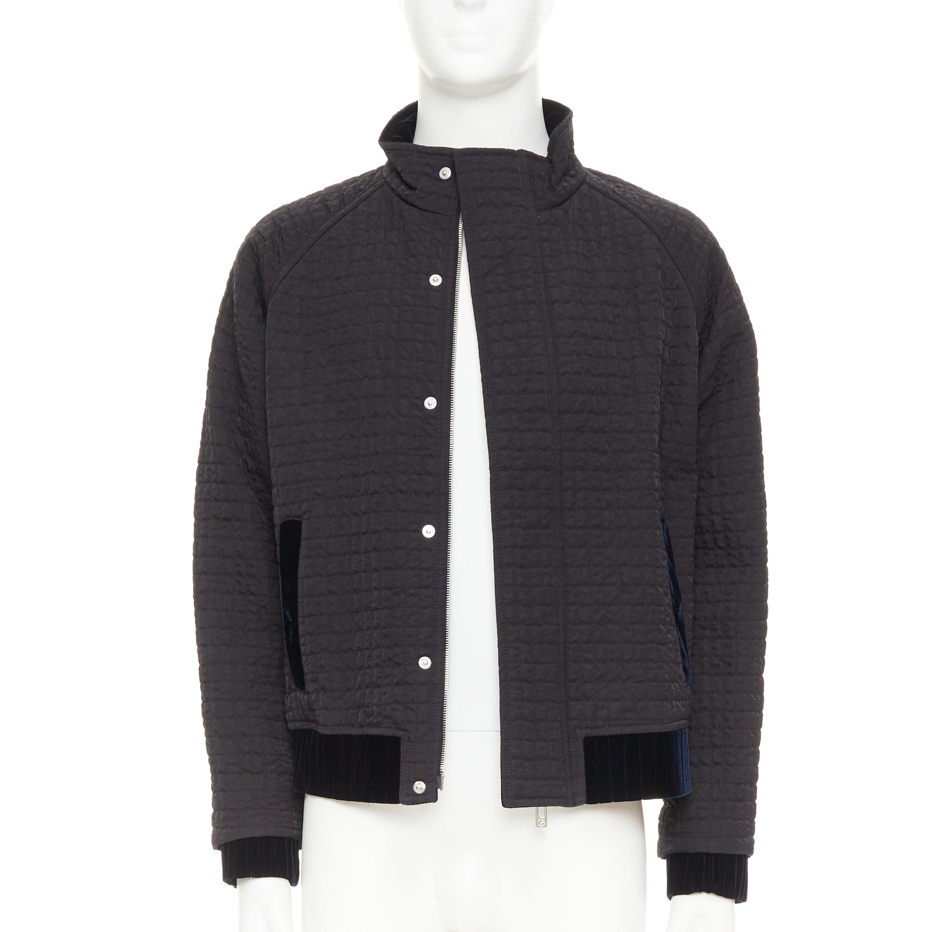 Giorgio Armani GIORGIO ARMANI black fine grid quilted nylon velvet trim double zip jacket IT46 S Size US S / EU 44-46 / 1 - 1 Thumbnail