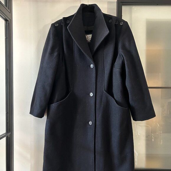Other Classic Long Navy Blue Wool Coat 80s Vintage Size M / US 6-8 / IT 42-44 - 1 Thumbnail