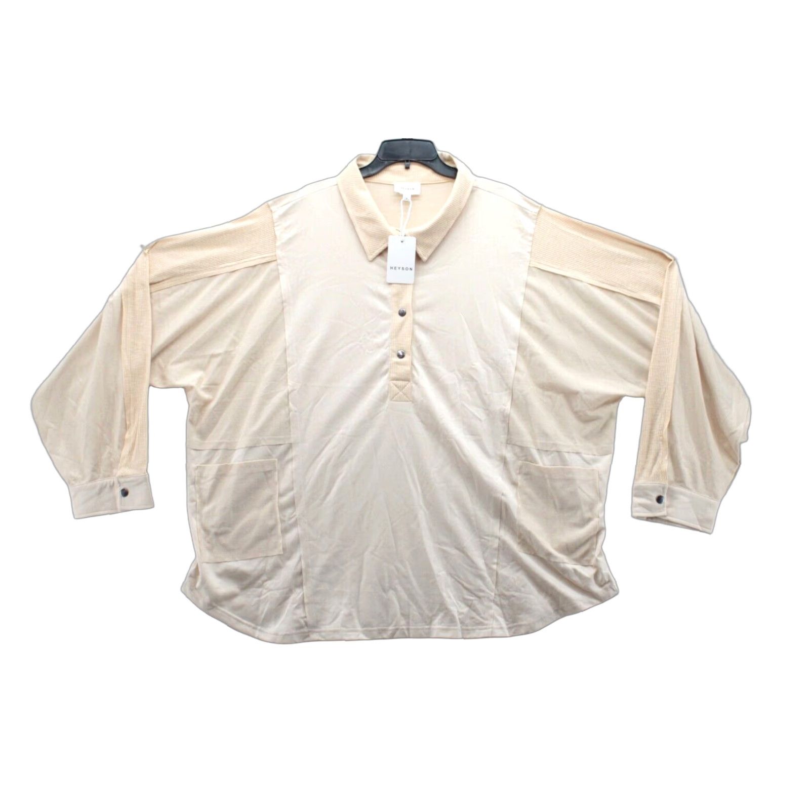 Vintage NWT Heyson Oversized Shirt Women’s 3X Tan Pocket 1/2 Snap-Up Long Sleeve Shirt Woman 3X Beige Poly / Rayon Blouse Jeans/Workwear? Size XXL / US 16-18 / IT 52-54 - 1 Thumbnail