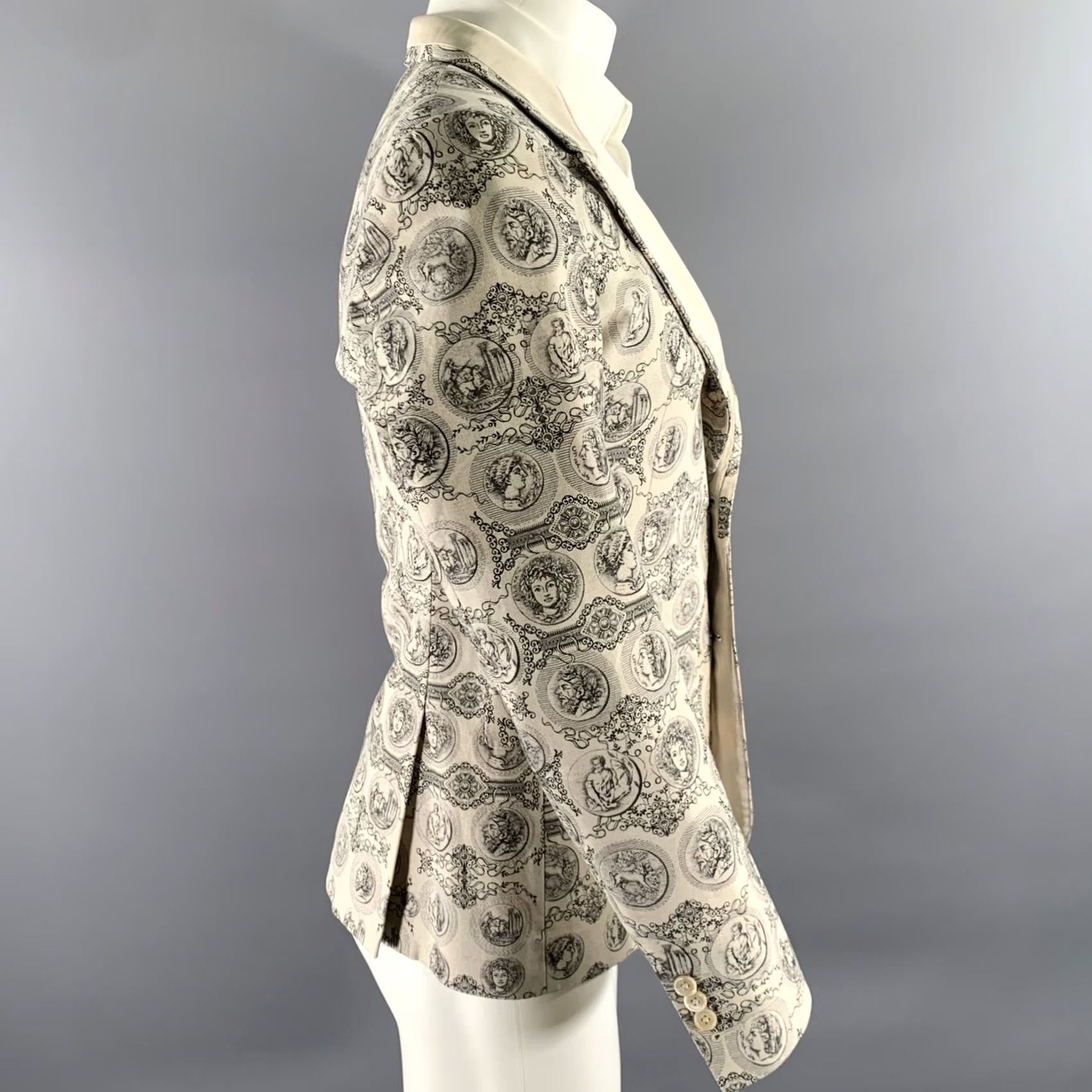 Dolce & Gabbana DOLCE & GABBANA Size 38 Cream Black Greca Cotton Blend Peak Lapel Sport Coat Blazer Coat Mens Size 38R - 4 Thumbnail