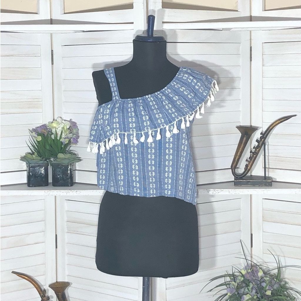 Vintage Y2K crop top boho blue white fringes embroidered ruffled S Size S / US 4 / IT 40 - 1 Thumbnail