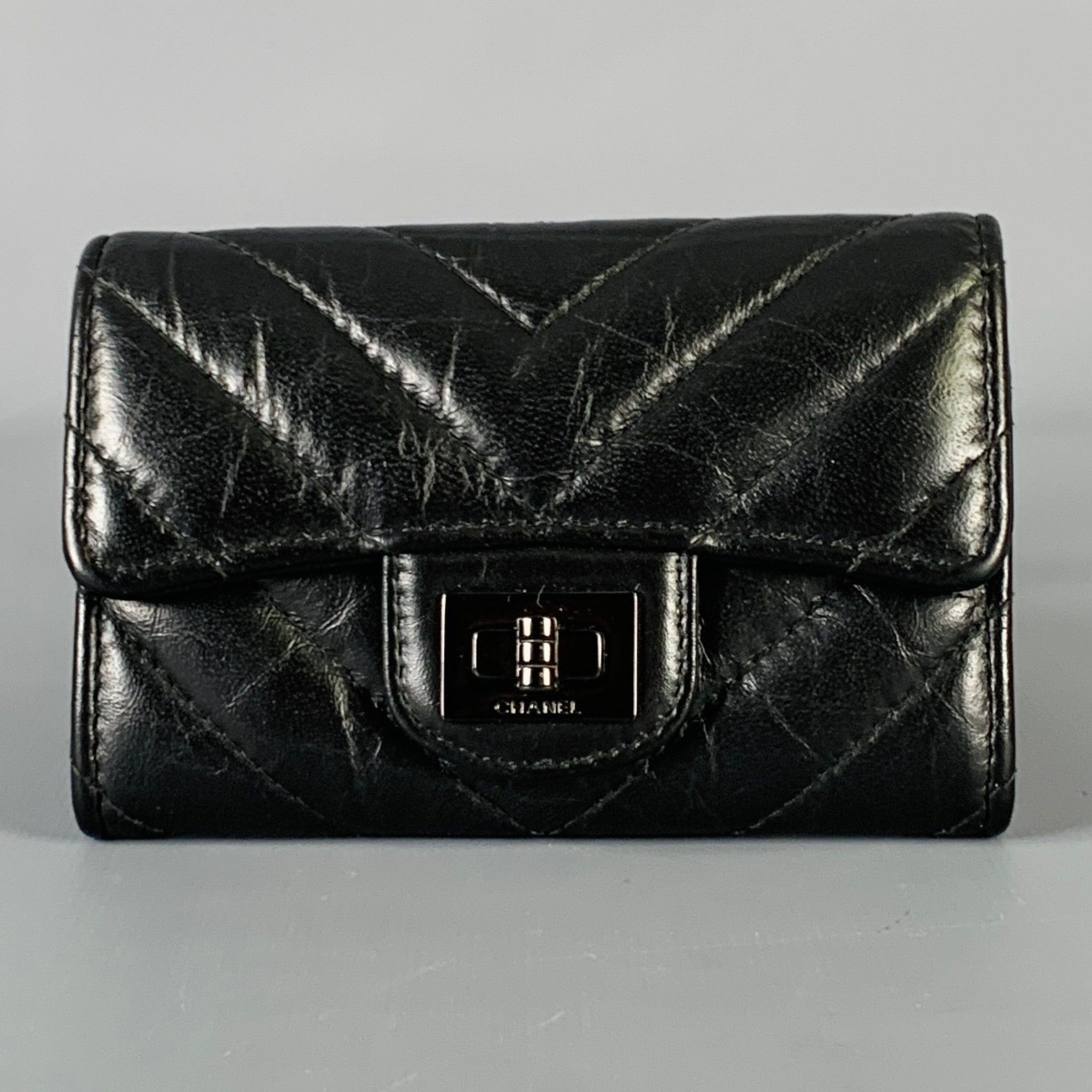 image of Chanel Black Chevron Leather Card Case, Women's