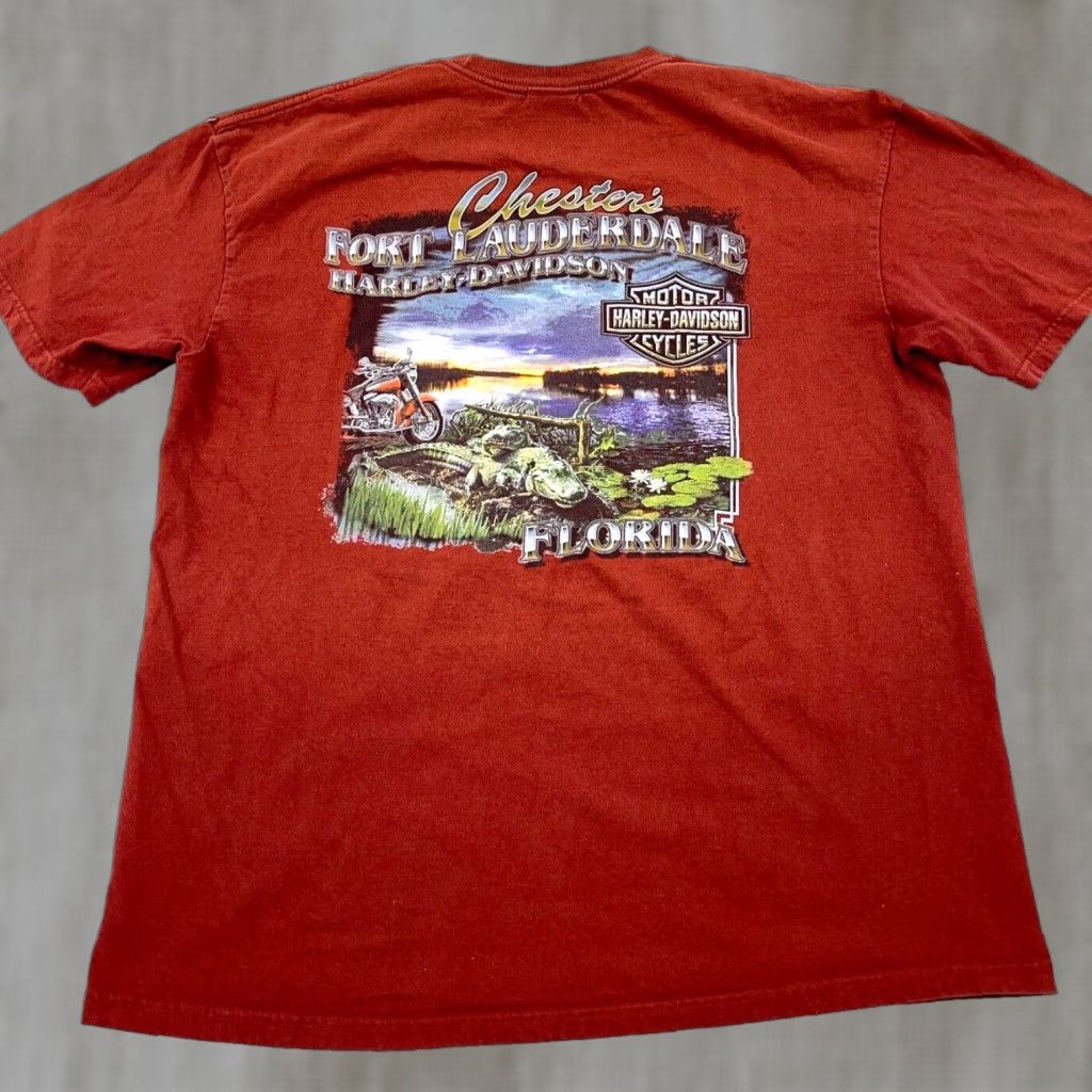 Harley Davidson Harley-Davidson Shirt Men XL Orange Tee Biker Motorcycle Fire Flames Florida Graphic Print Crew Neck Short Sleeve Logo Vintage: No Size US XL / EU 56 / 4 - 1 Thumbnail