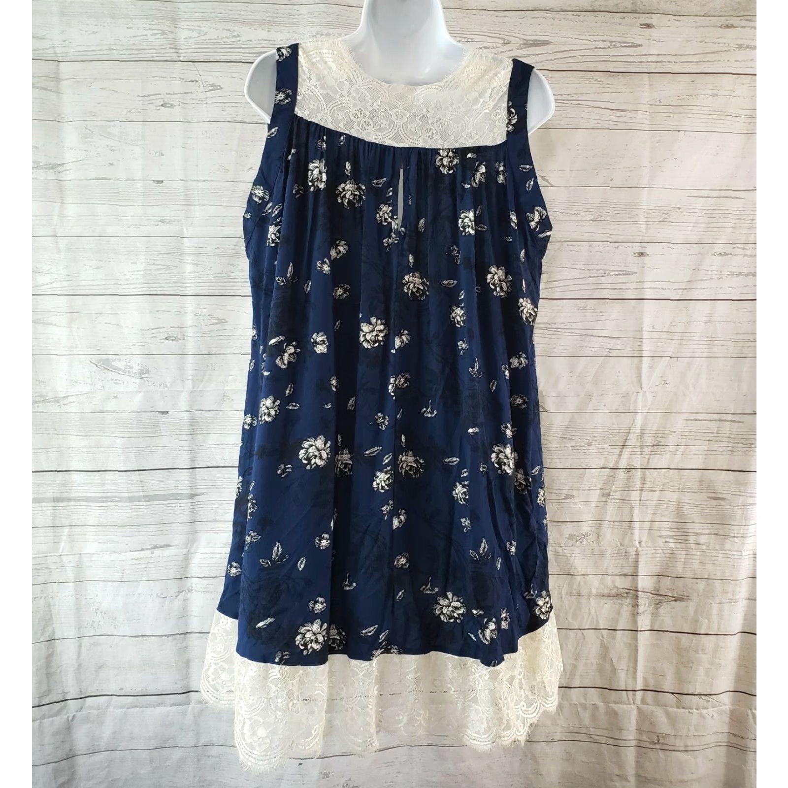 Vintage Kori America Womens Dress Medium Blue Floral Lace Trim Sleeveless A-Line Mini Casual Pullover Short Dress Length 33.5" 20" Bust Measurements Womens Size M / US 6-8 / IT 42-44 - 4 Thumbnail