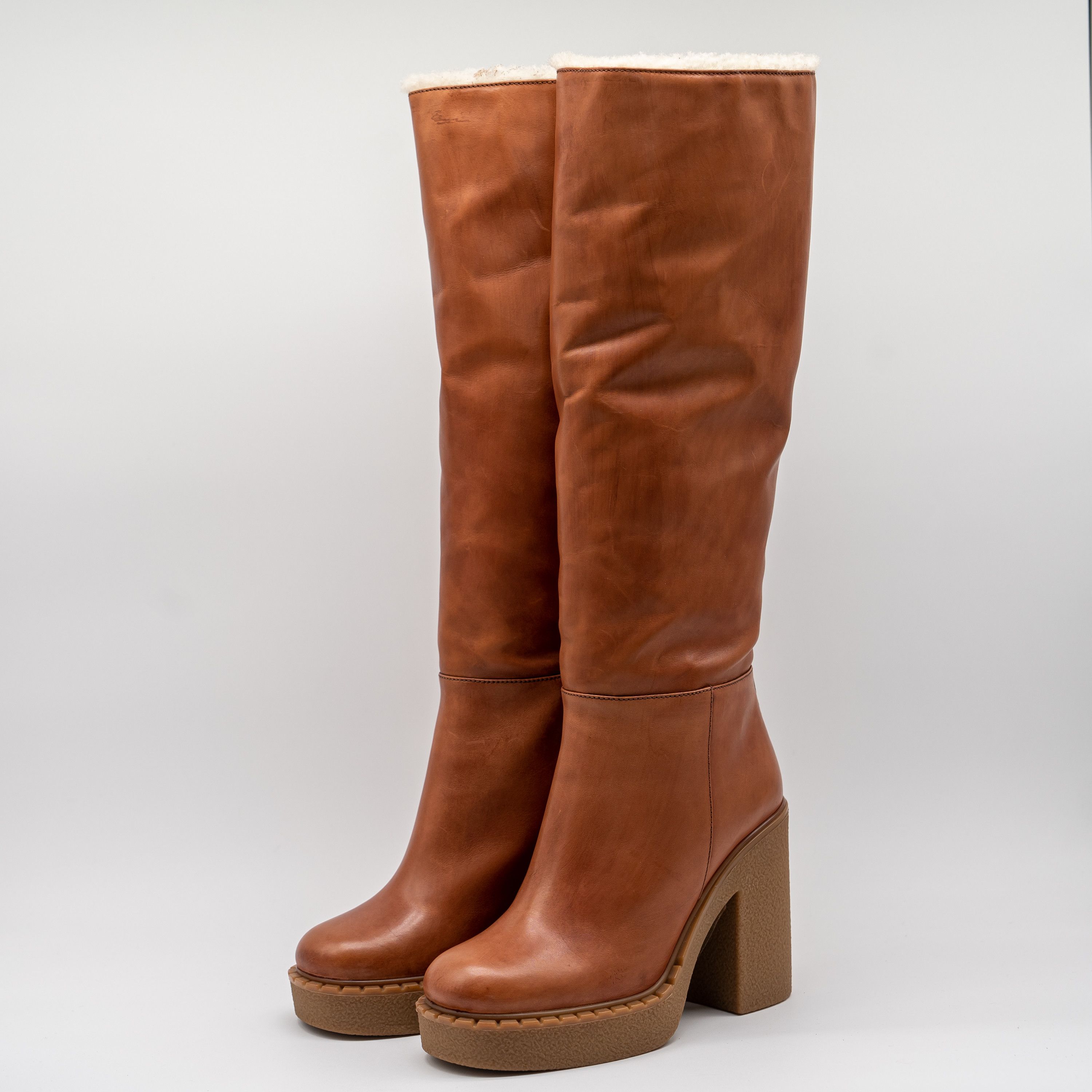 Prada 40eu 10 US Prada Cognac Shearling Fur Block Heel Boots Brown Size US 10 / IT 40 - 1 Thumbnail