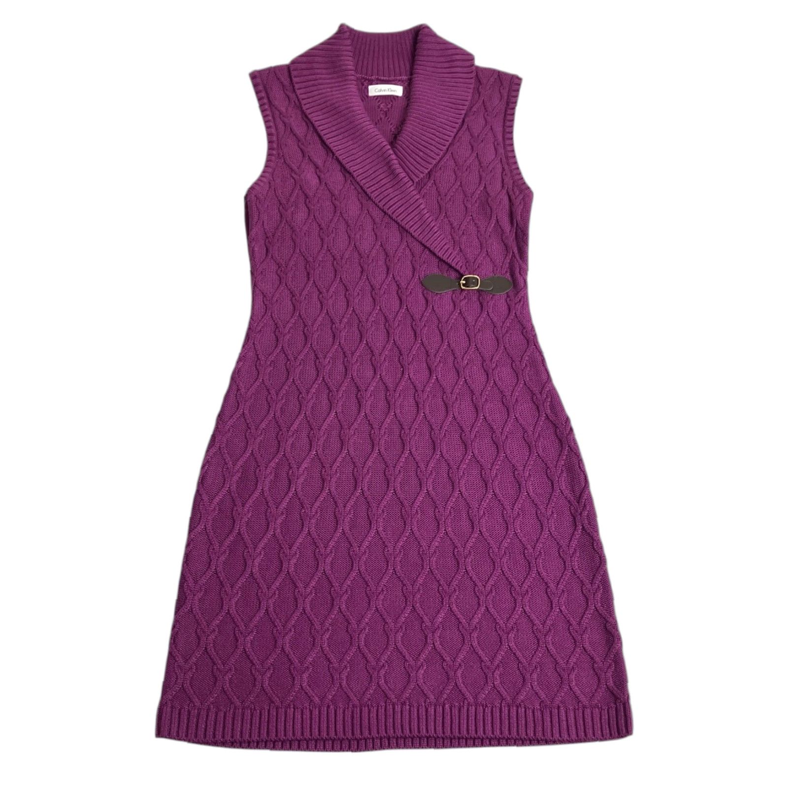 Calvin Klein Dress Medium Purple Cable Knit Shawl Collar Preppy Holiday