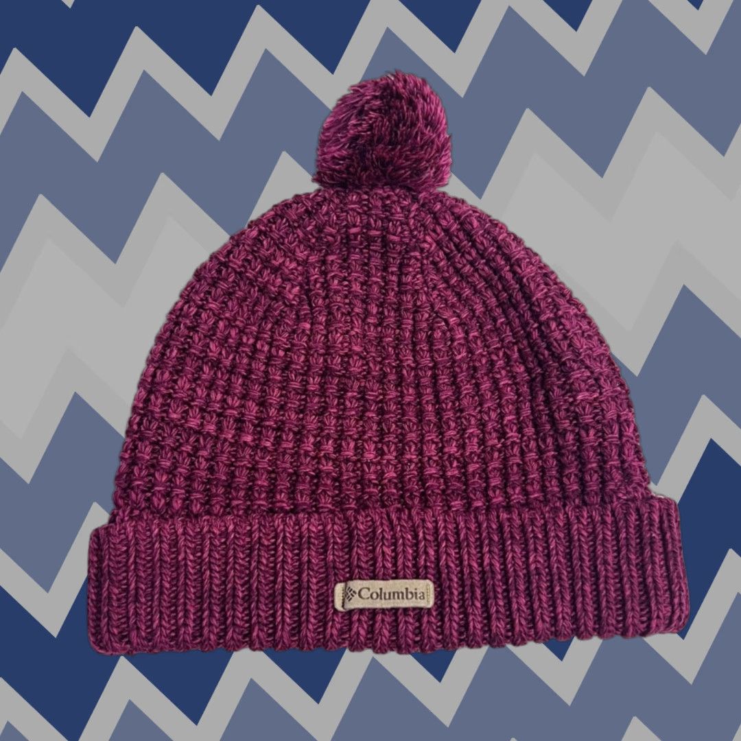 Vintage Columbia Beanie Women's One Size Purple Fuchsia Knit Waffle Cuffed Pom Pom Outdoor Activewear Casual Travel Winter Fall Spring Styles: Beanie Size ONE SIZE - 1 Thumbnail