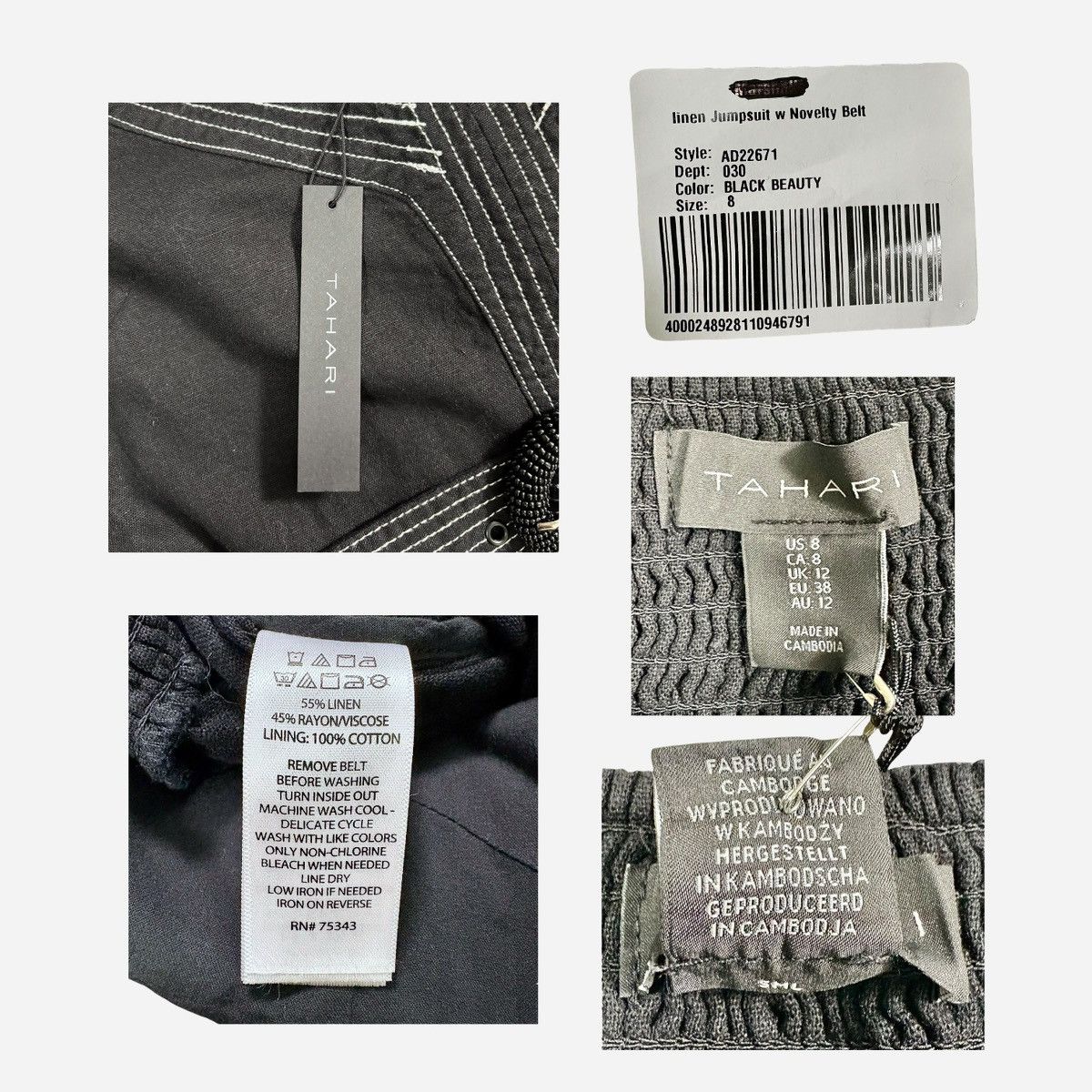 Elie Tahari Tahari Linen Blend Black Beauty Jumpsuit Sz M (8) Size 30" / US 8 / IT 44 - 8 Thumbnail