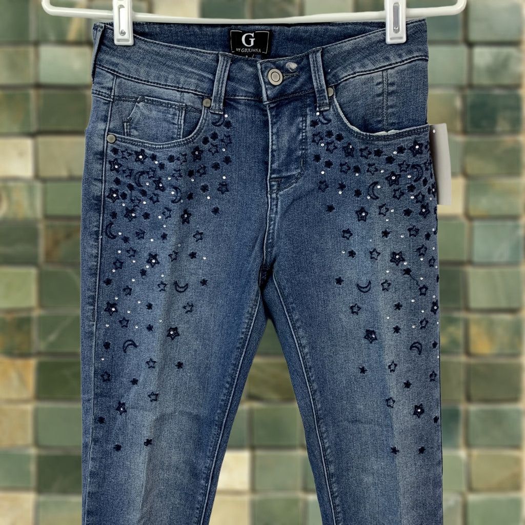 Vintage VINTAGE G by Giuliana Women Celestial Stars Rhinestone Embellished Skinny Jeans 2 NWT Size 26" / US 2 / IT 38 - 1 Thumbnail