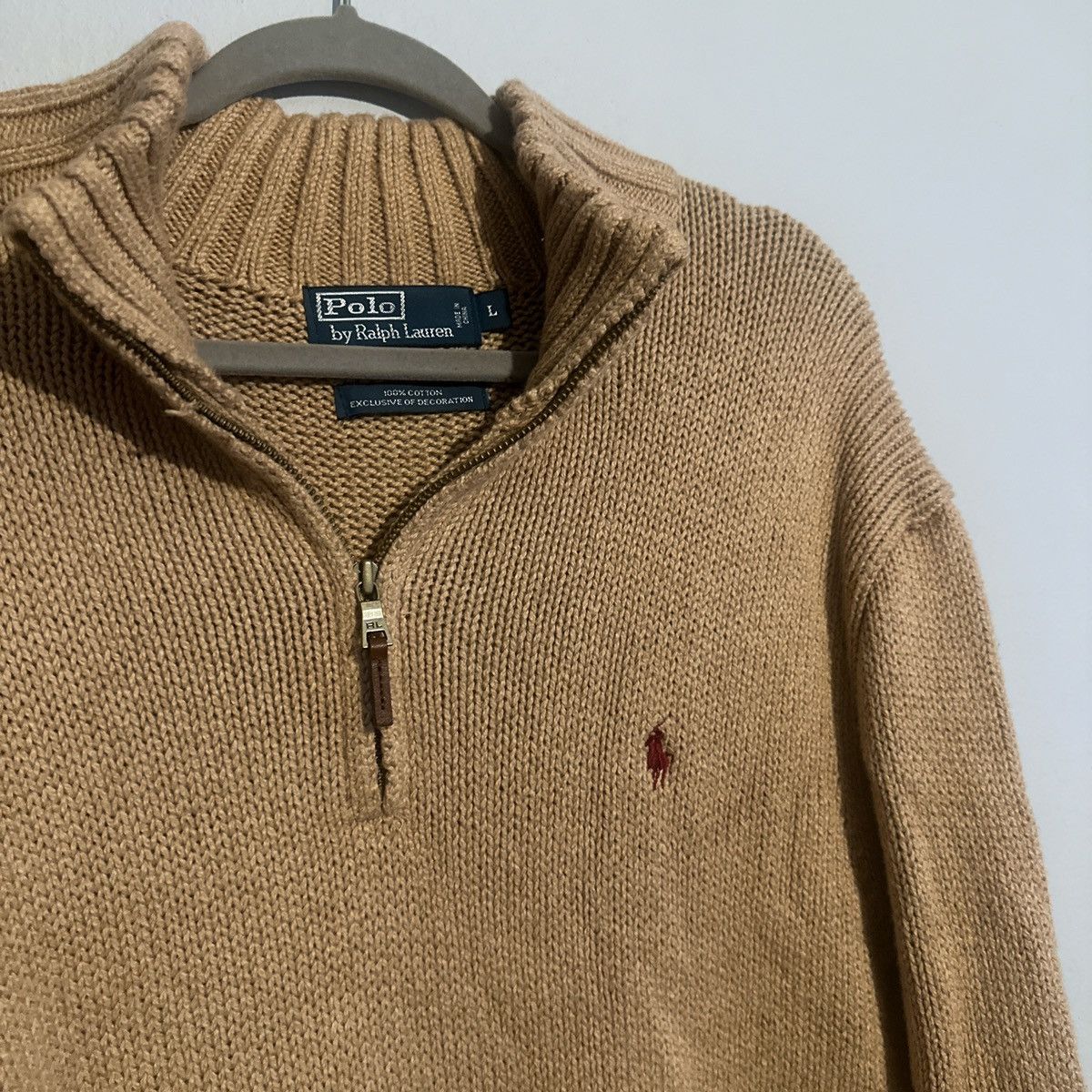 Polo Ralph Lauren × Vintage Vintage Polo Ralph Lauren Light Brown Tan Knit Quarter Zip Size US L / EU 52-54 / 3 - 3 Thumbnail