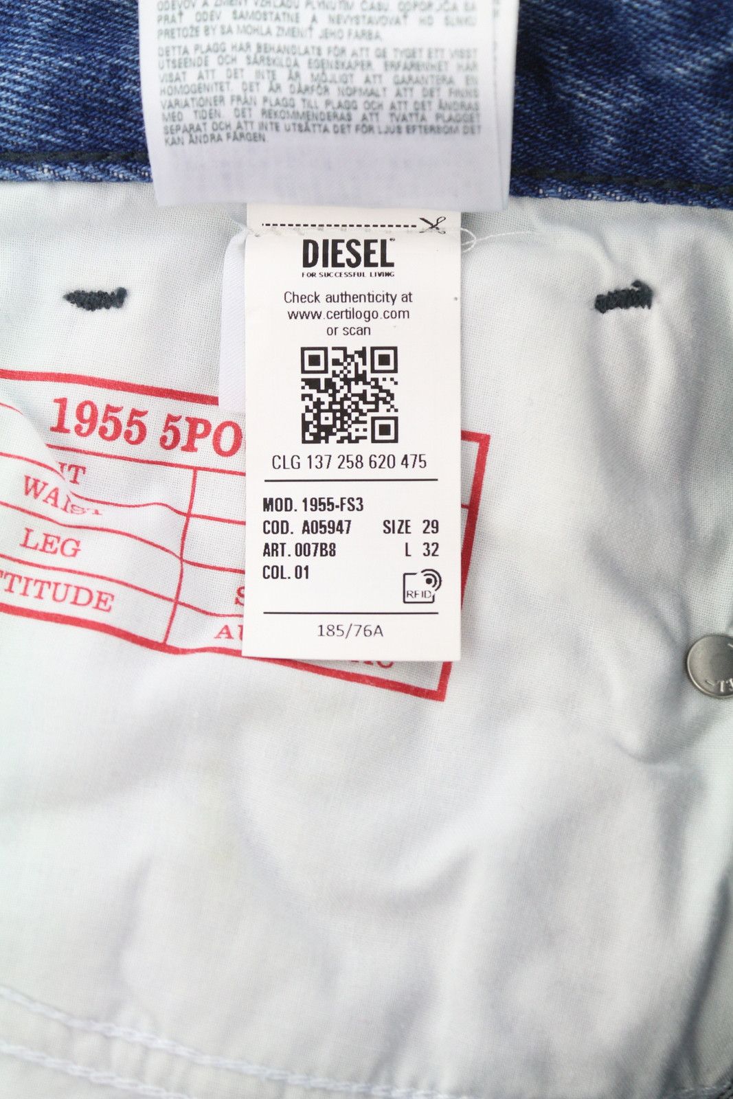 Diesel 1955-FS3 007B8 W29/L32 Blue Washed Pattern 85416 Size US 29 - 13 Thumbnail