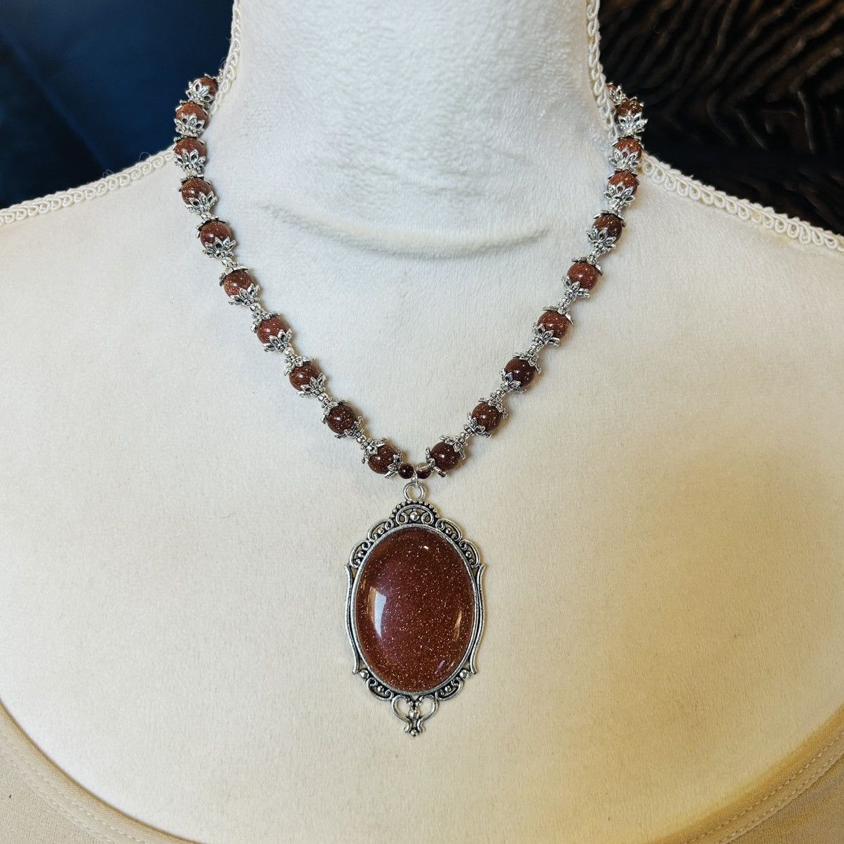 Handmade Handcrafted elegant goldstone cameo framed bead necklace Size ONE SIZE - 2 Thumbnail