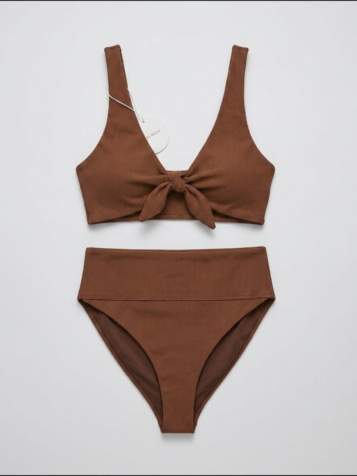 Other Knot-Front Ribbed High-Waist Bikini Set - Brown Size ONE SIZE - 1 Thumbnail