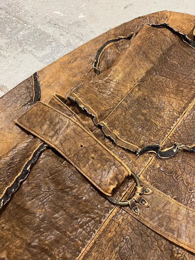 Roberto Cavalli × Vintage AW2005 Cavalli Asymmetrical Raw Brown Leather Trench Jacket Size S / US 4 / IT 40 - 5 Thumbnail