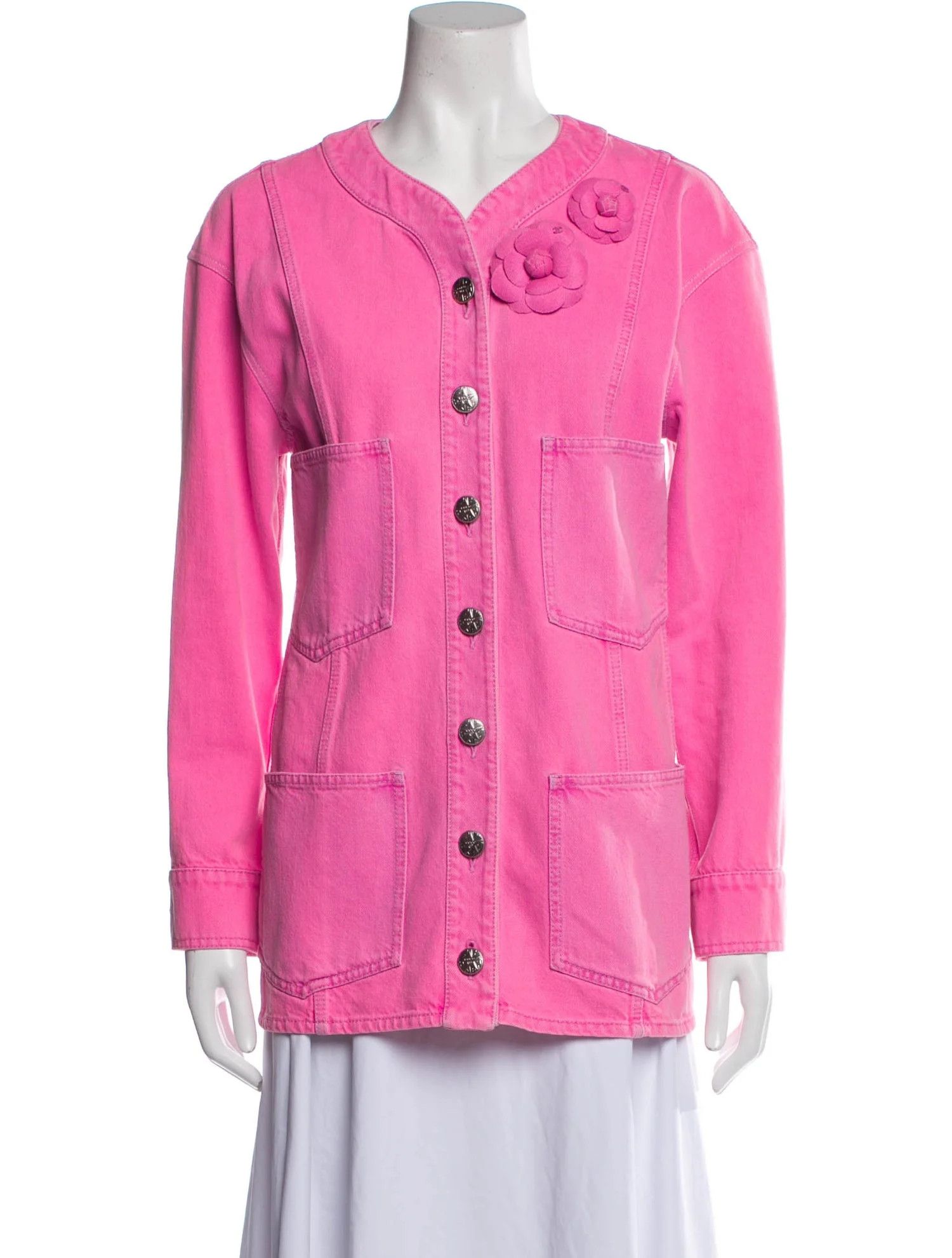 Chanel Chanel SS 2021 Runway CC Pink Camelia Denim Jacket 34 Size XS / US 0-2 / IT 36-38 - 6 Thumbnail