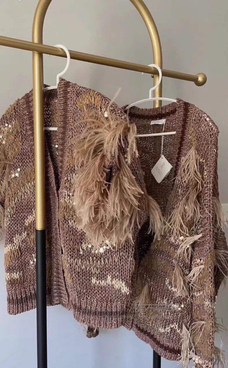 Brunello Cucinelli Brunello Cucinelli Feather and Sequin Knit Cardigan, Heavy Size L / US 10 / IT 46 - 1 Thumbnail