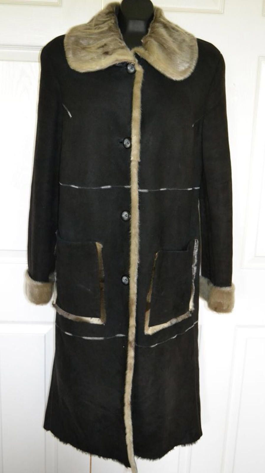 Bryceland's Beyce Genuine Shearling Sheepskin Black Fur Trim Coat Sz M Size M / US 6-8 / IT 42-44 - 1 Thumbnail