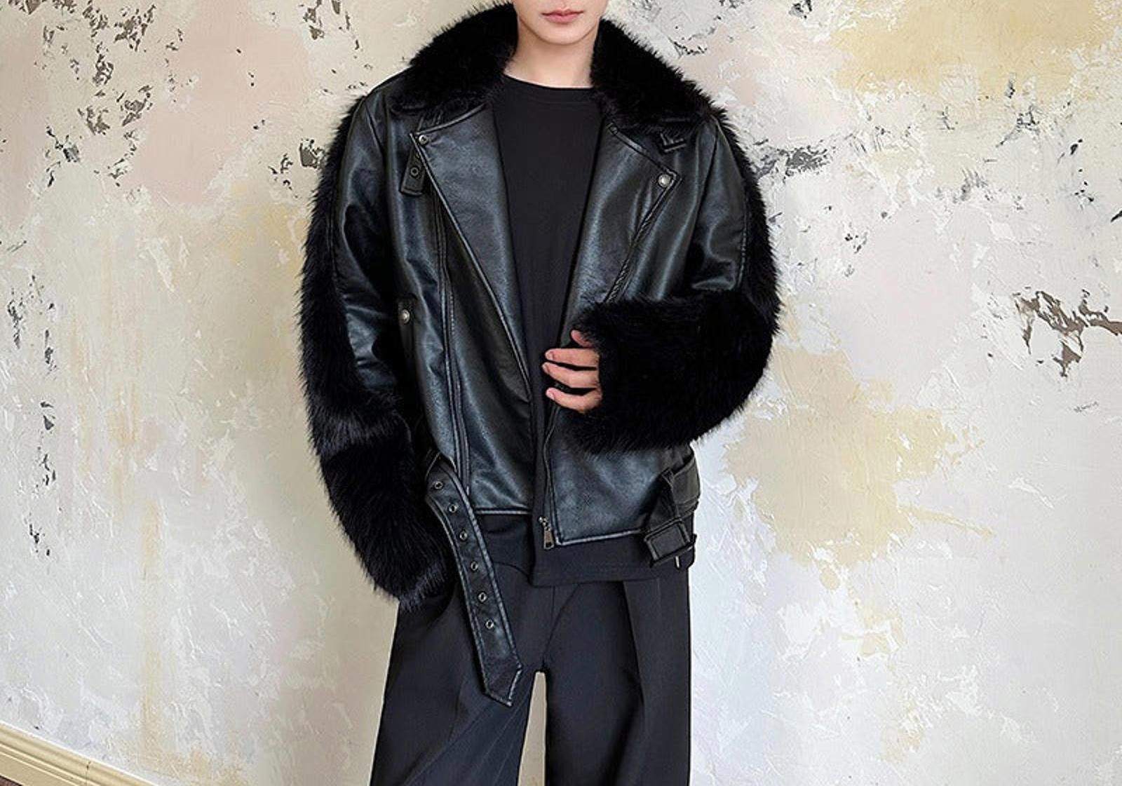 Leather Black Faux Leather Fur Trimmed Biker Jacket, Oversized Fit Size ONE SIZE - 3 Thumbnail