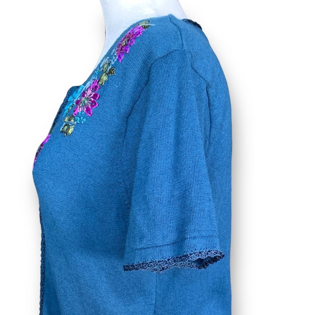 Vintage Vintage R&K Originals Teal Blue Floral Short Sleeve Knit Car Size L / US 10 / IT 46 - 6 Thumbnail