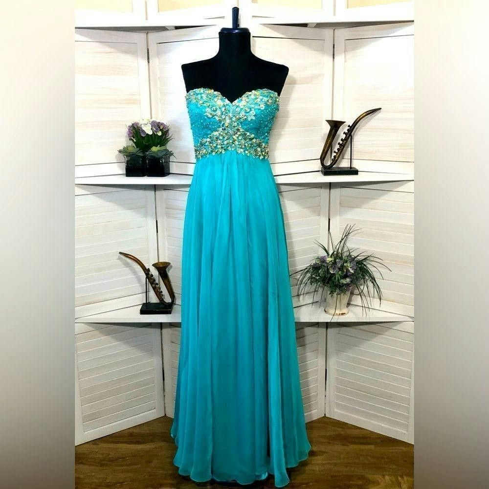 image of Cinderella Beaded Teal Lace Sweetheart Strapless Dress 6 in Blue, Women's (Size Medium)